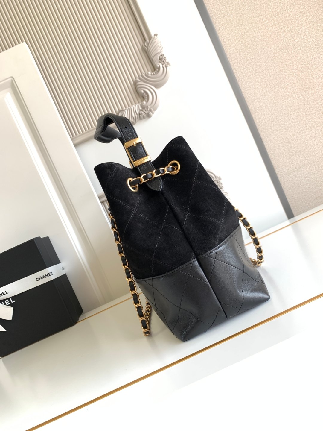 CHANEL香奈兒高仿經典拼色托特包黑金鏈條菱格紋法式優雅AS5634