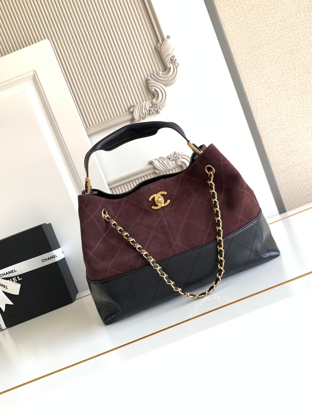 CHANEL香奈兒高仿經典拼色托特包金鏈條菱格紋法式時尚AS5634