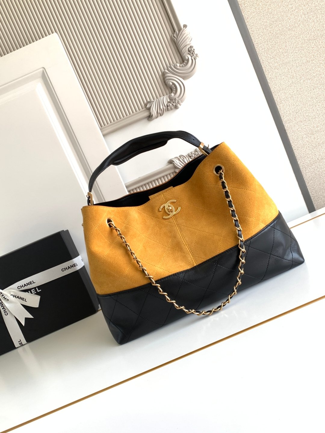 CHANEL香奈兒高仿經典拼色托特包金鏈條菱格紋法式典雅