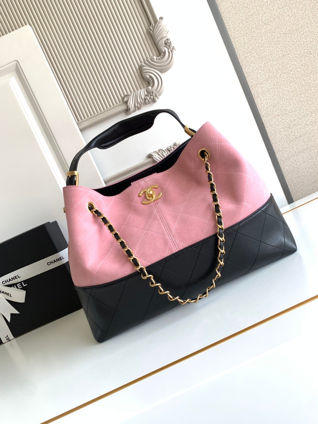 CHANEL香奈兒原單經典拼色托特包菱格紋黑金鏈條法式精緻AS5634