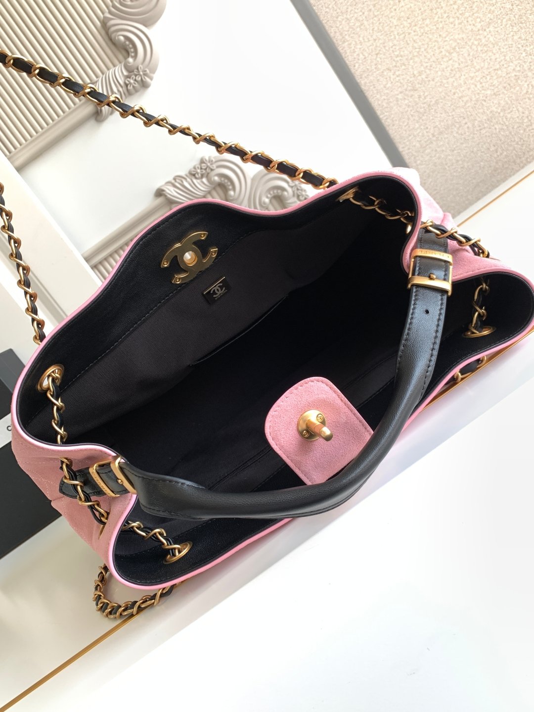 CHANEL香奈兒原單經典拼色托特包菱格紋黑金鏈條法式精緻AS5634