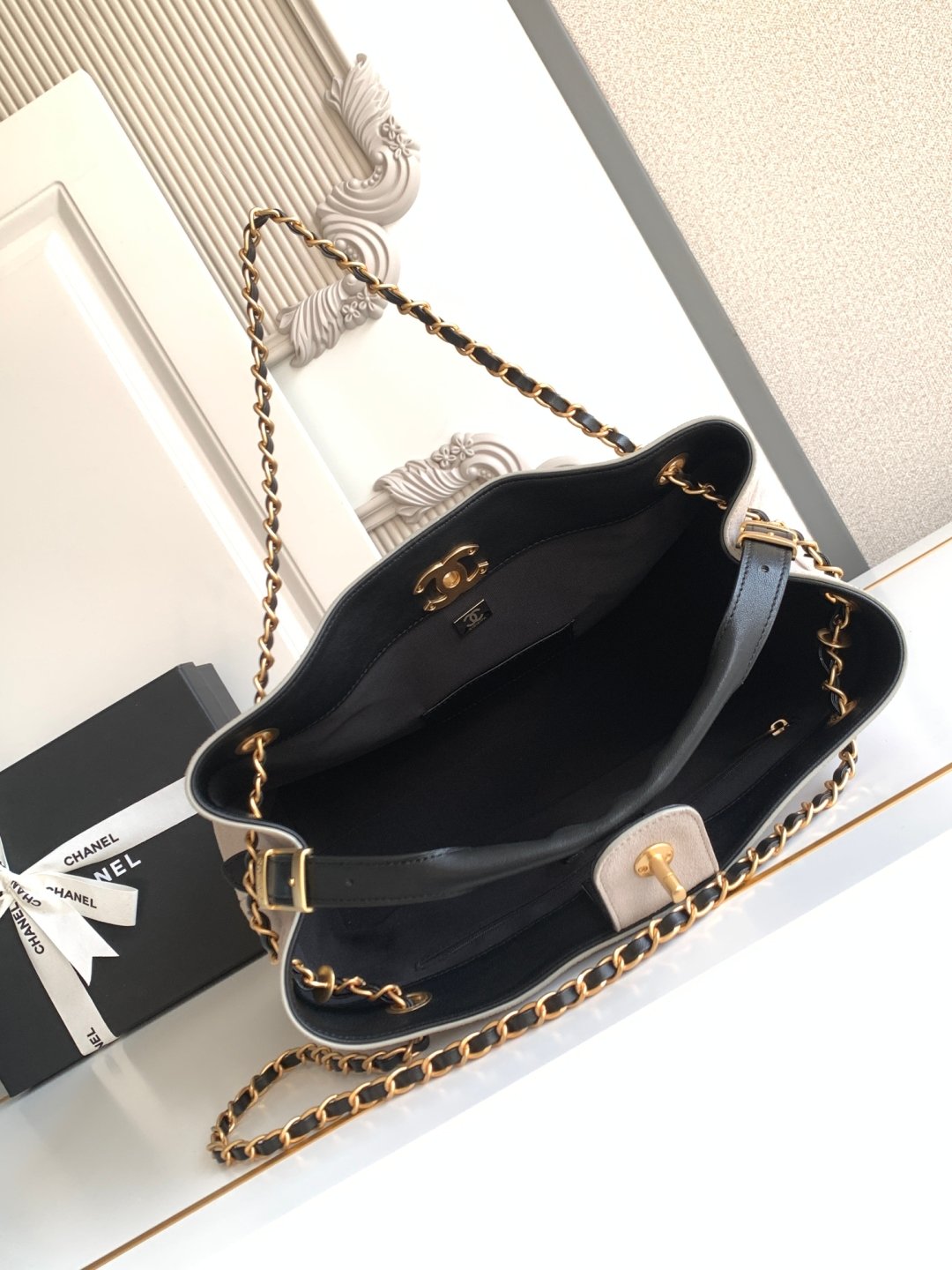 CHANEL香奈兒A貨經典拼色托特包黑金鏈條菱格紋時尚大方AS5634