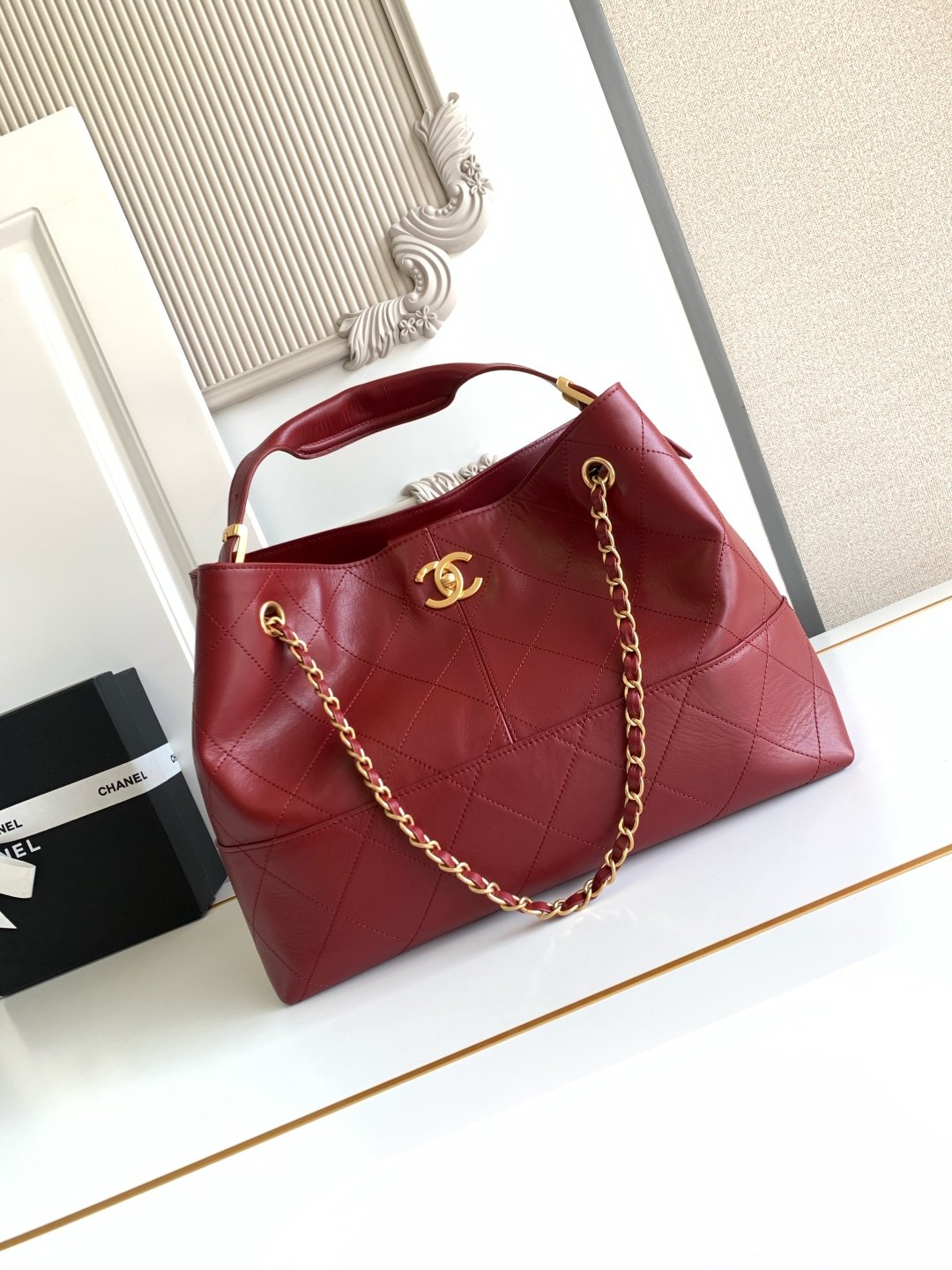 CHANEL香奈兒原單枣紅色拼色托特包金鏈條菱格紋法式優雅AS5634