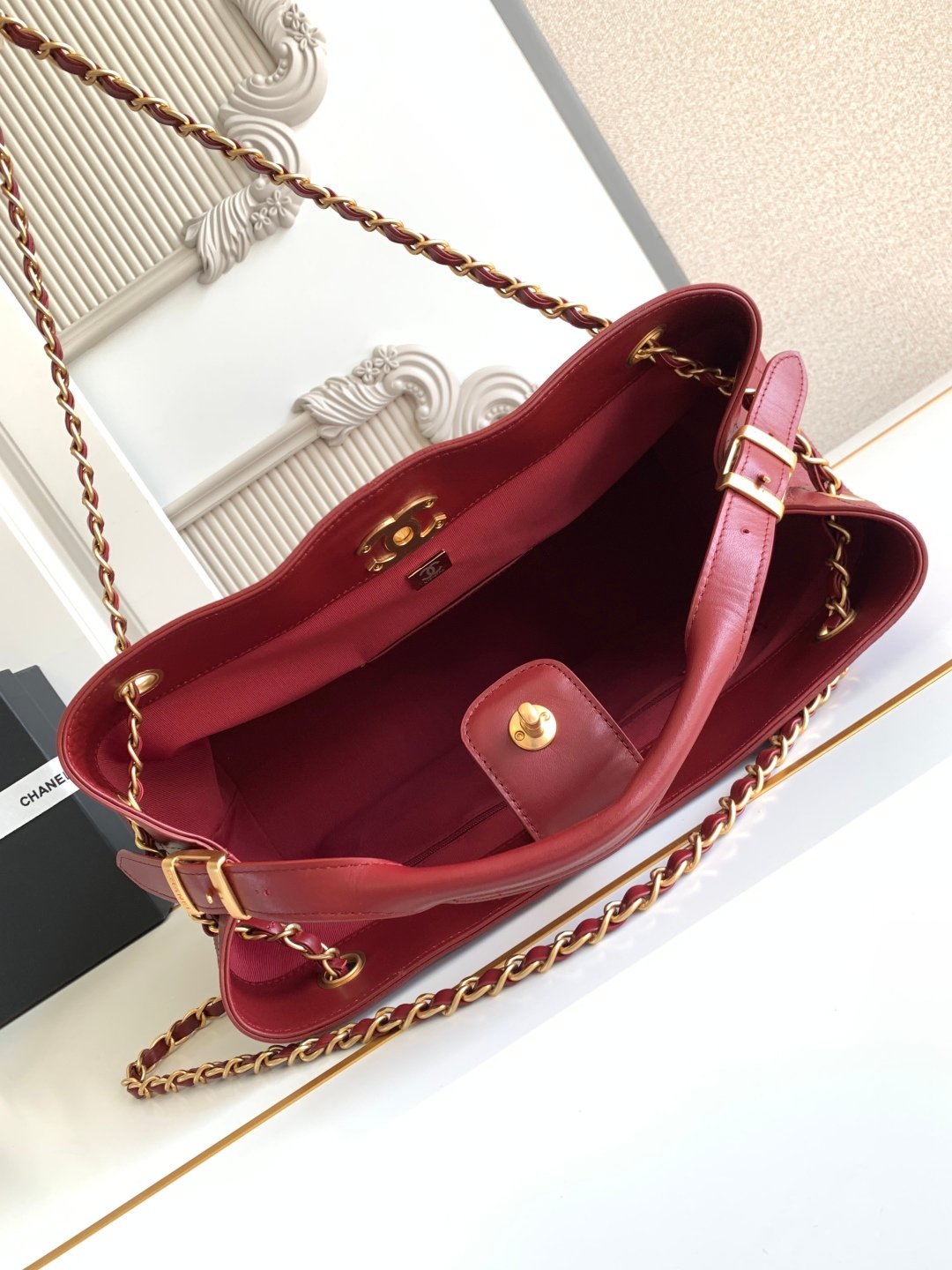 CHANEL香奈兒原單枣紅色拼色托特包金鏈條菱格紋法式優雅AS5634