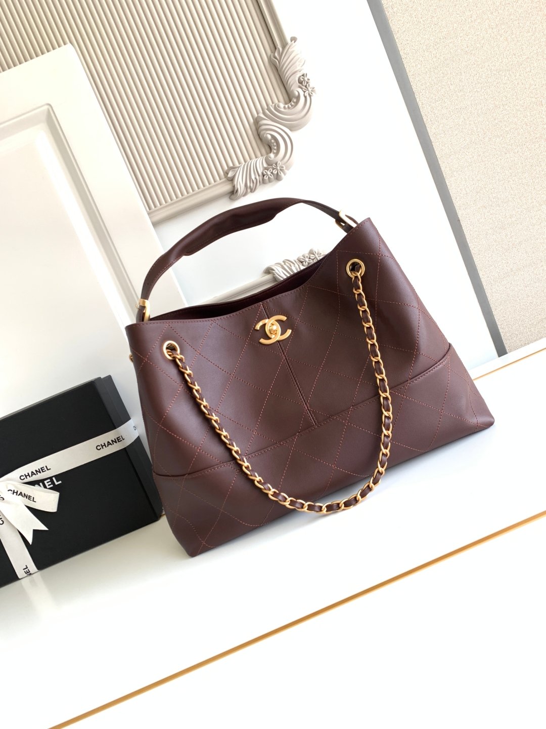 CHANEL香奈兒高仿拼色托特包金鏈條菱格紋經典法式優雅AS5634
