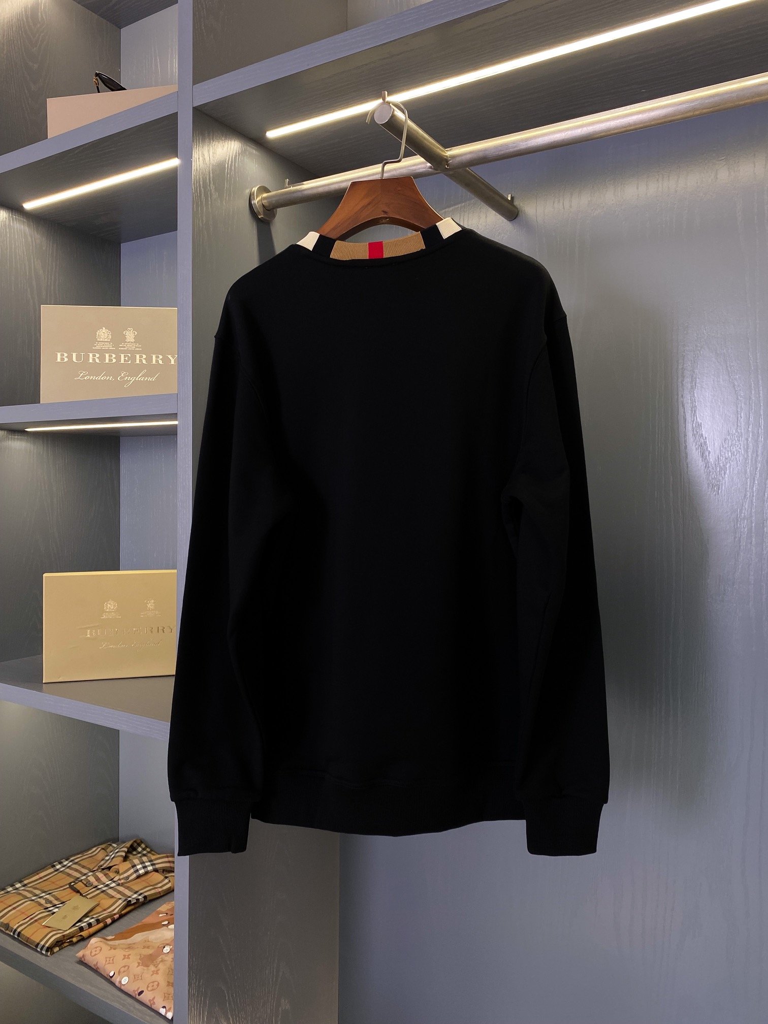 Burberry黑色微標格紋拼接棉質圓領衛衣 男女同款