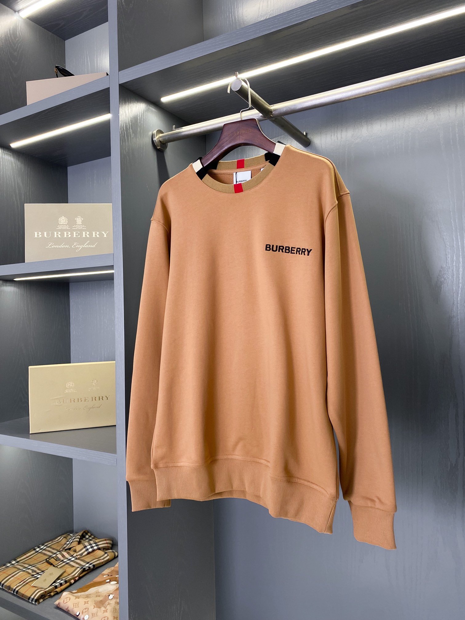 Burberry卡其微標格紋拼接棉質圓領衛衣 男女同款