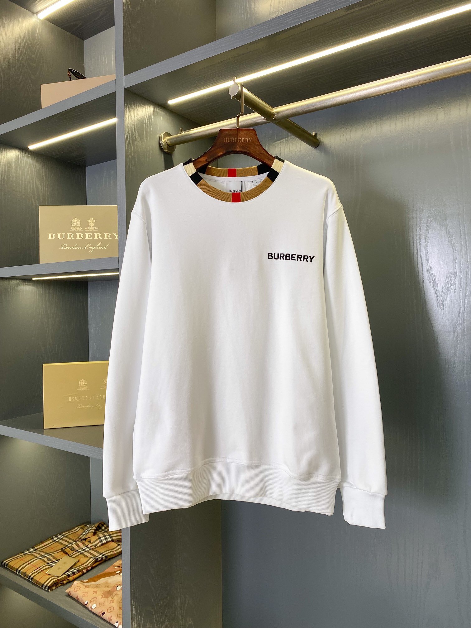 Burberry白色微標格紋拼接棉質圓領衛衣 男女同款