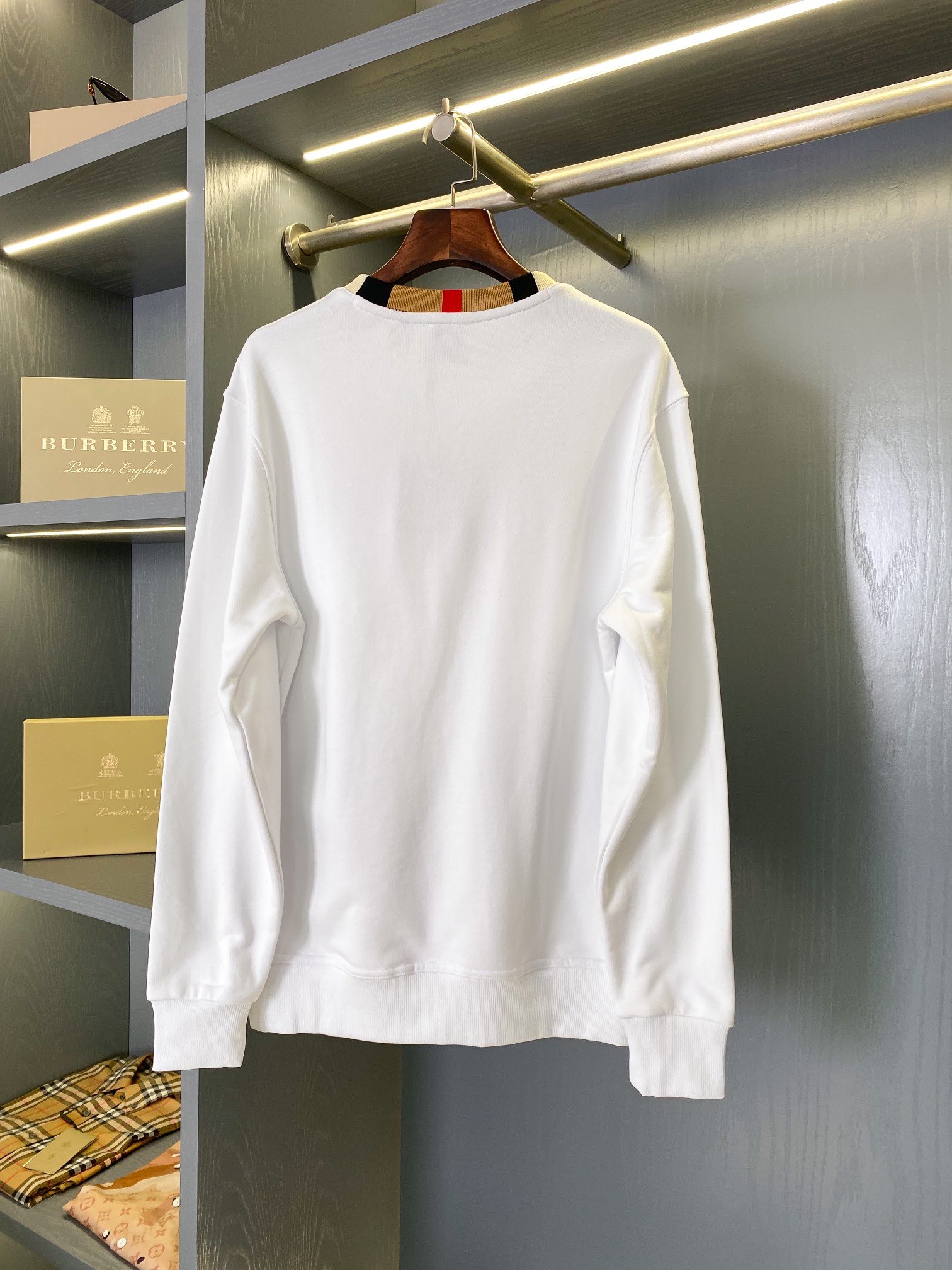 Burberry白色微標格紋拼接棉質圓領衛衣 男女同款
