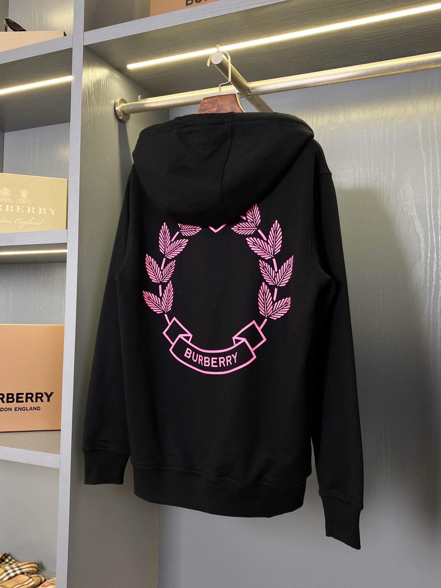 Burberry黑色後背橡樹葉徽章棉質連帽衛衣 男女同款