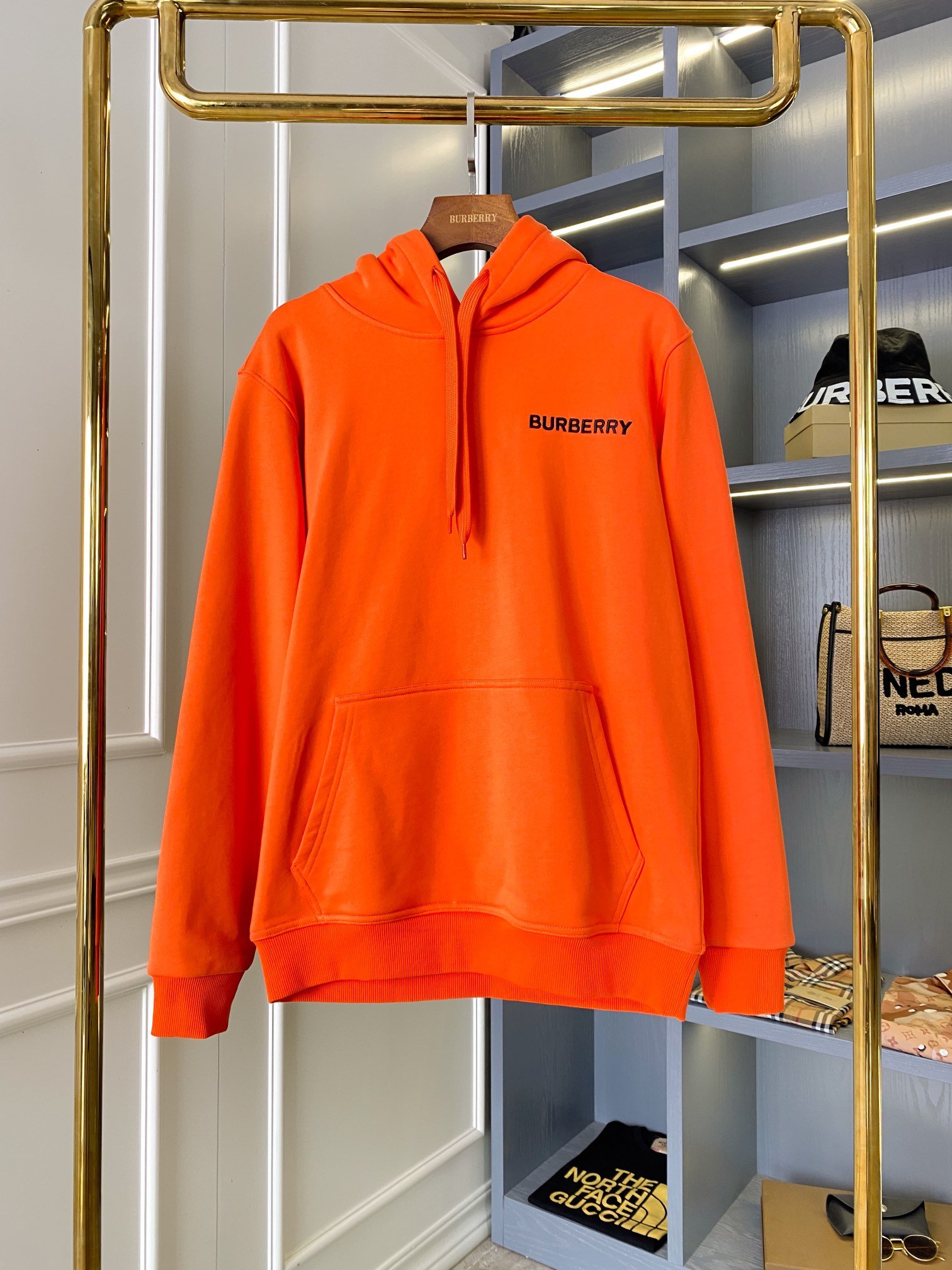 Burberry原單橙黃色倫敦微標刺繡棉質連帽衛衣 男女同款