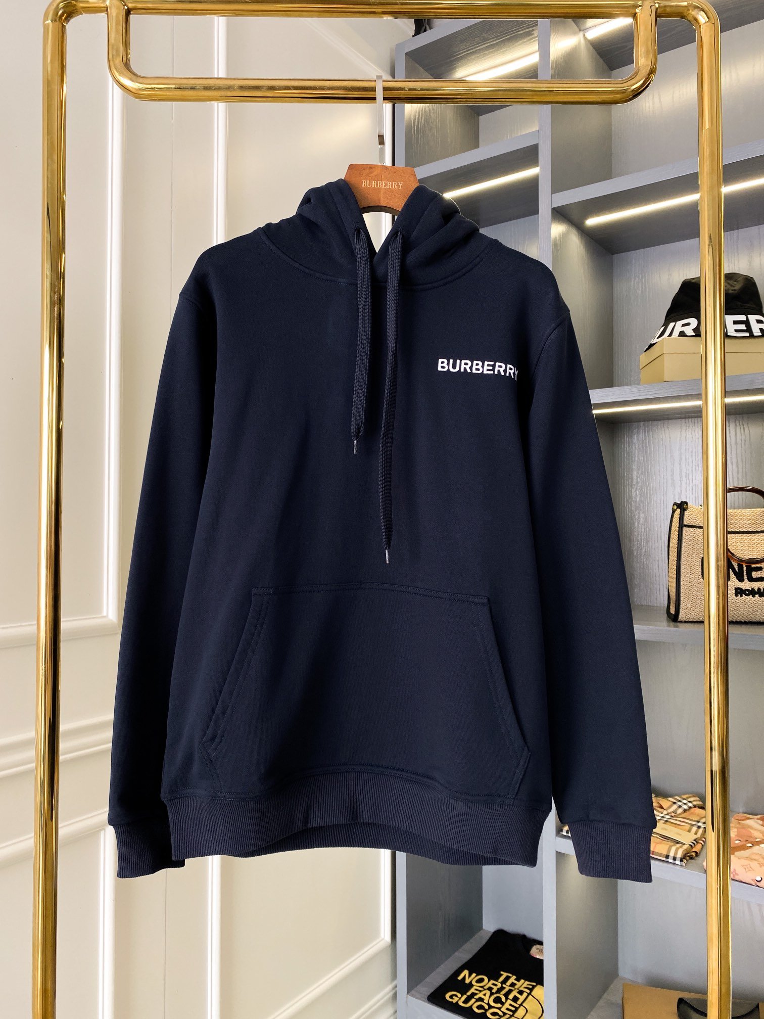 Burberry原單寶藍色倫敦微標刺繡棉質連帽衛衣 男女同款