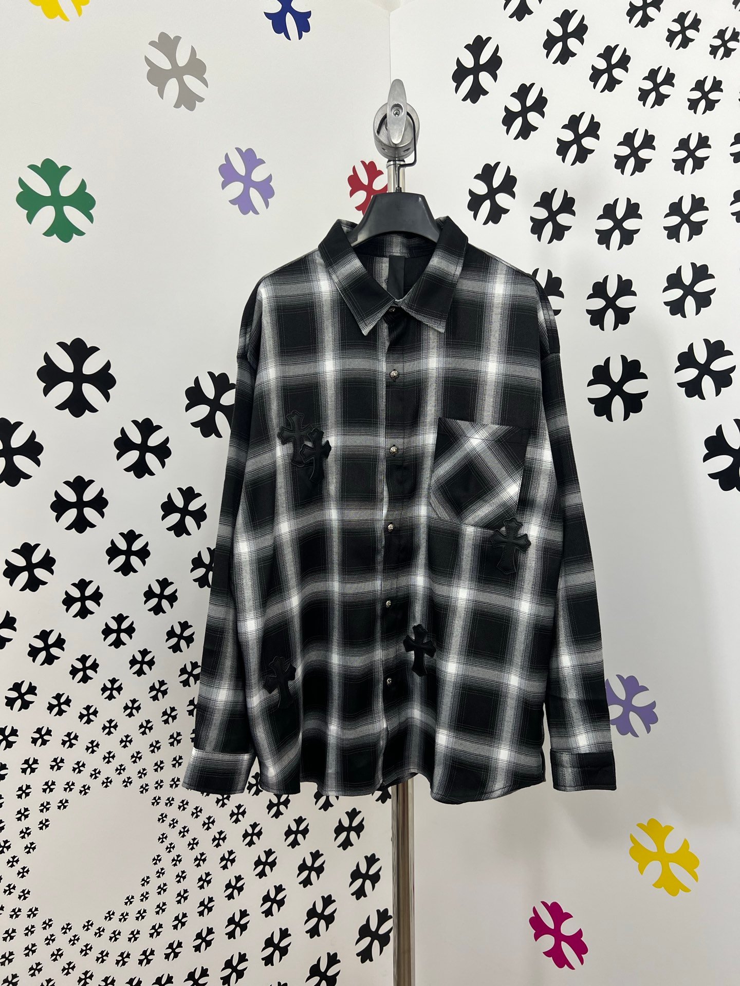 Chrome Hearts頂級原單真皮貼皮十字架格子襯衫 男士潮流休閒襯衣 精緻工藝完美還原