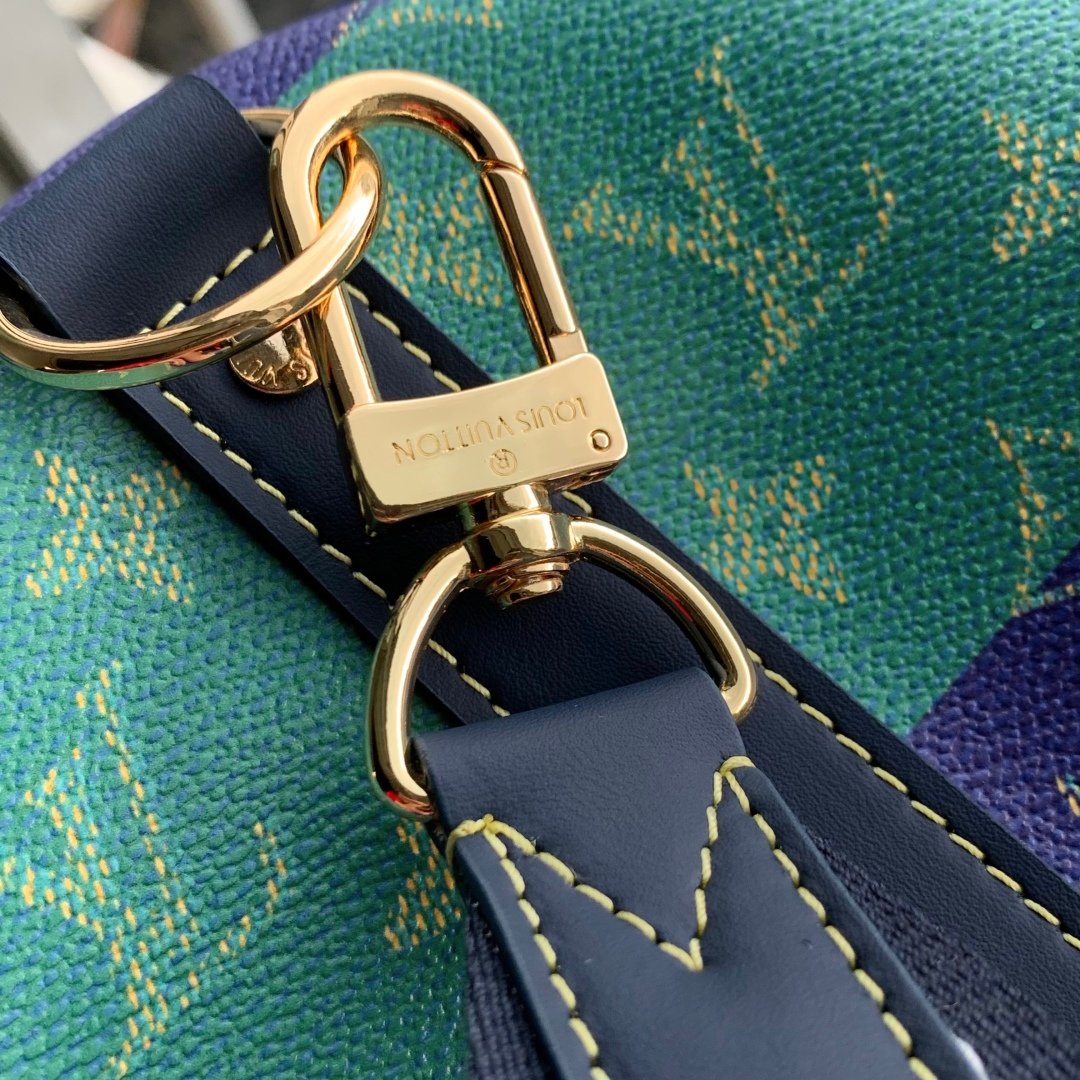 LV復刻版Keepall Bandoulière 50旅行袋Monogram涂层帆布橄榄球條紋