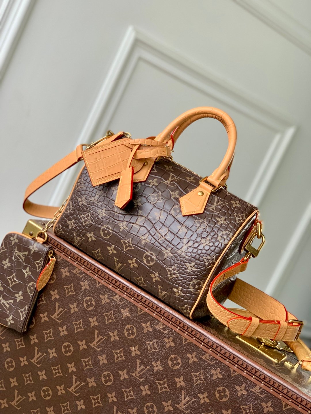 LV復刻版N87504 Speedy 25咖啡色鳄鱼皮Monogram慵懒奢華手提包