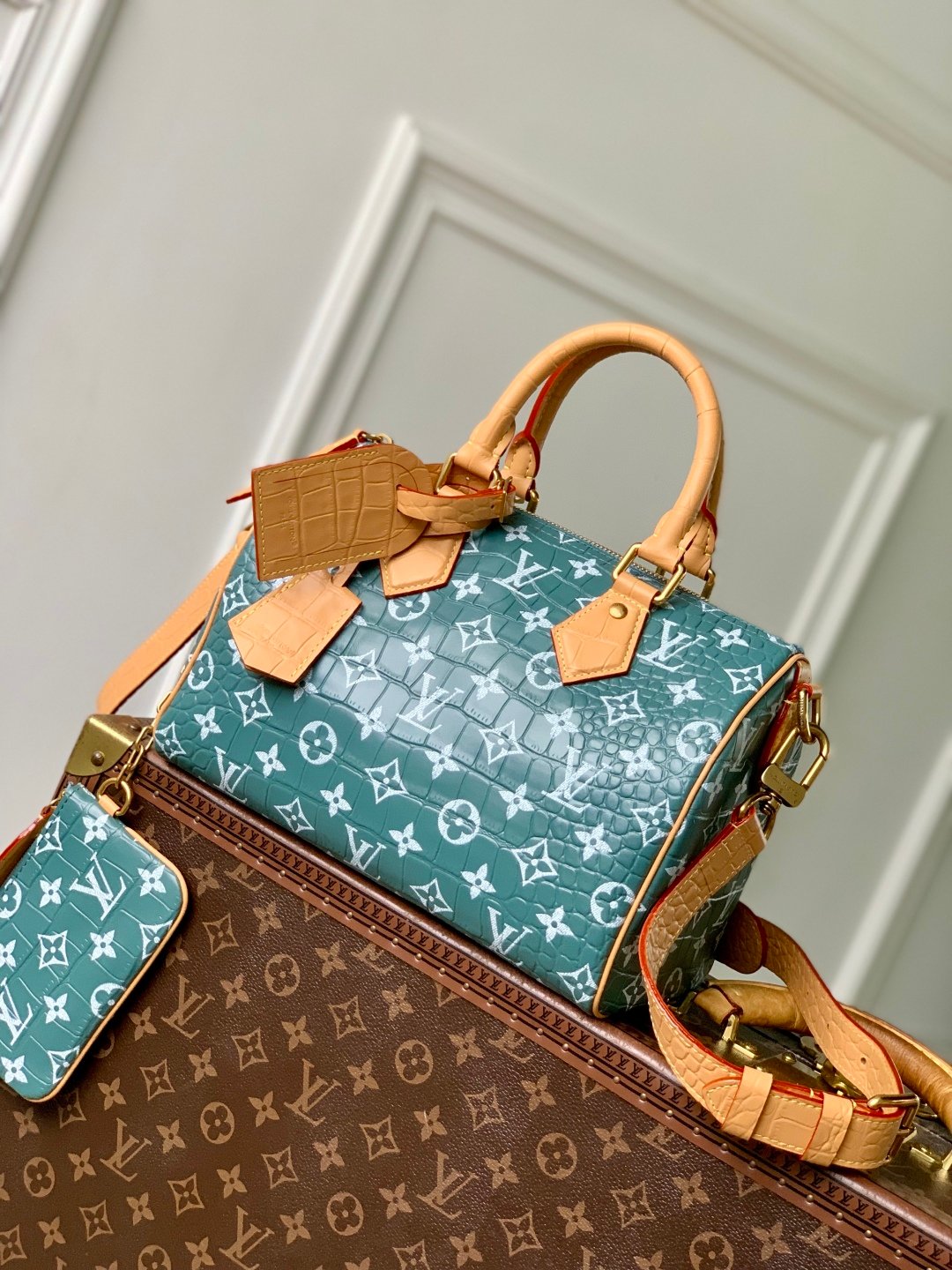 LV一比一N87504 Speedy 25綠色鳄鱼皮Monogram慵懒奢華手提包