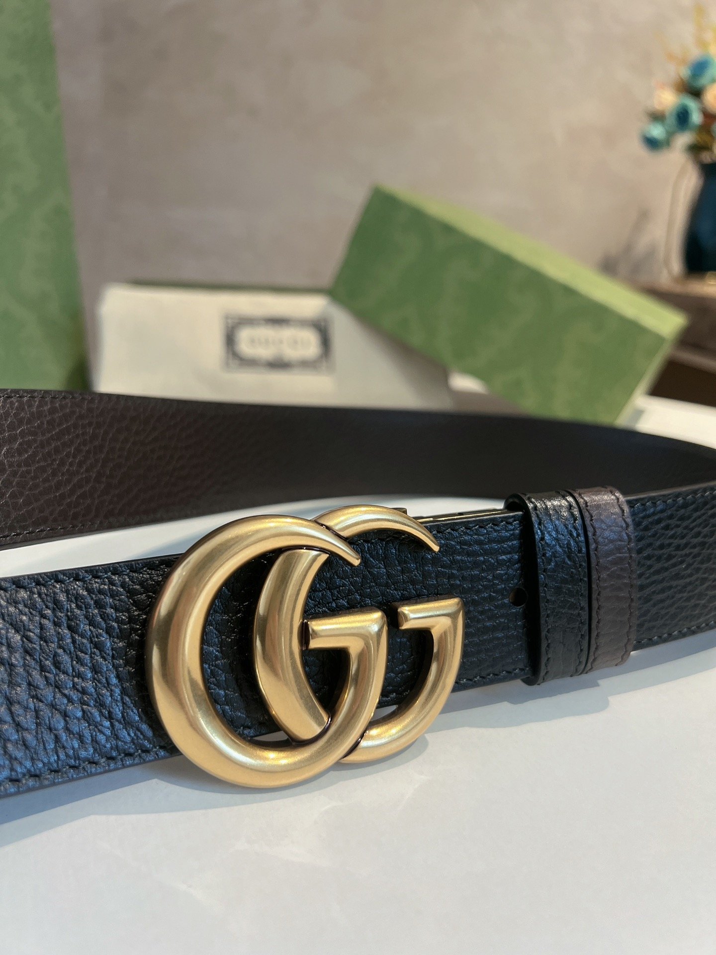 Gucci高仿金扣男士腰帶40mm雙G旋轉設計質感義大利風