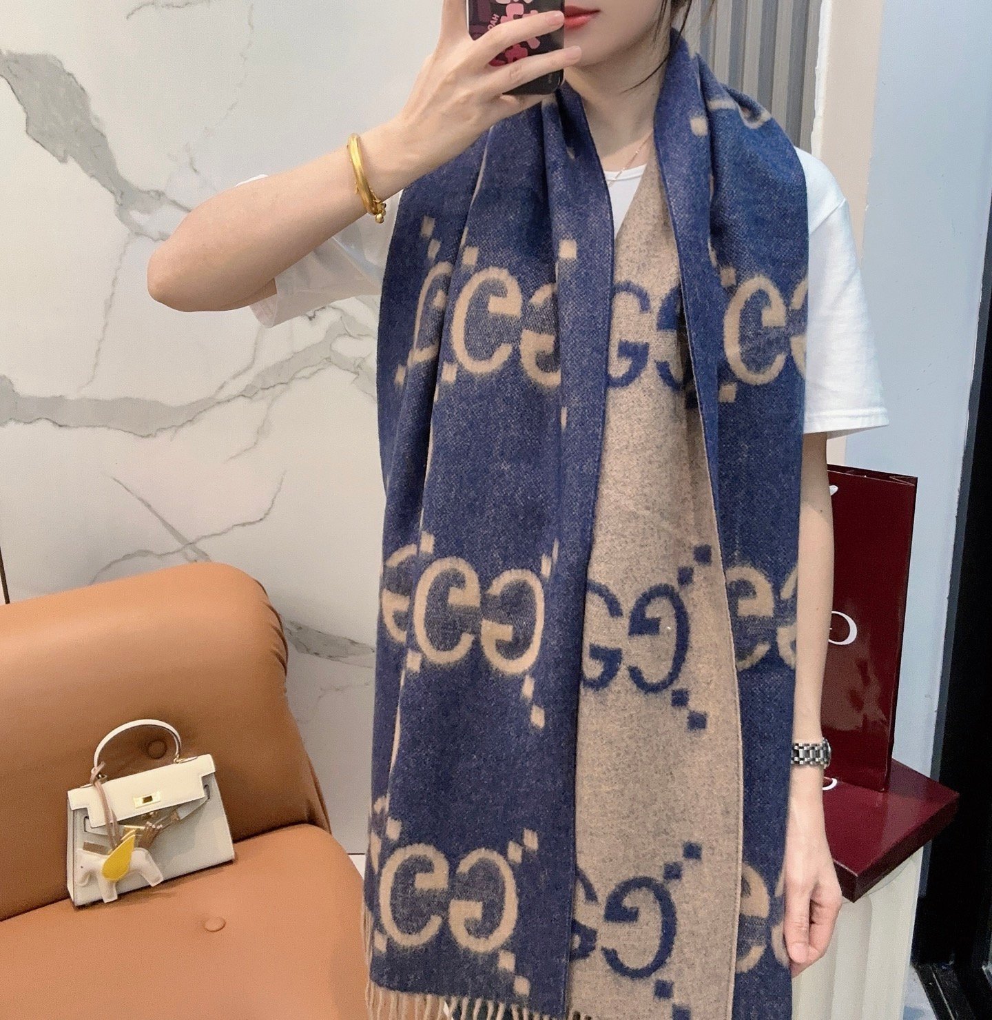 Gucci一比一大G雙面羊絨圍巾 45×200cm 男女同款雙色提花