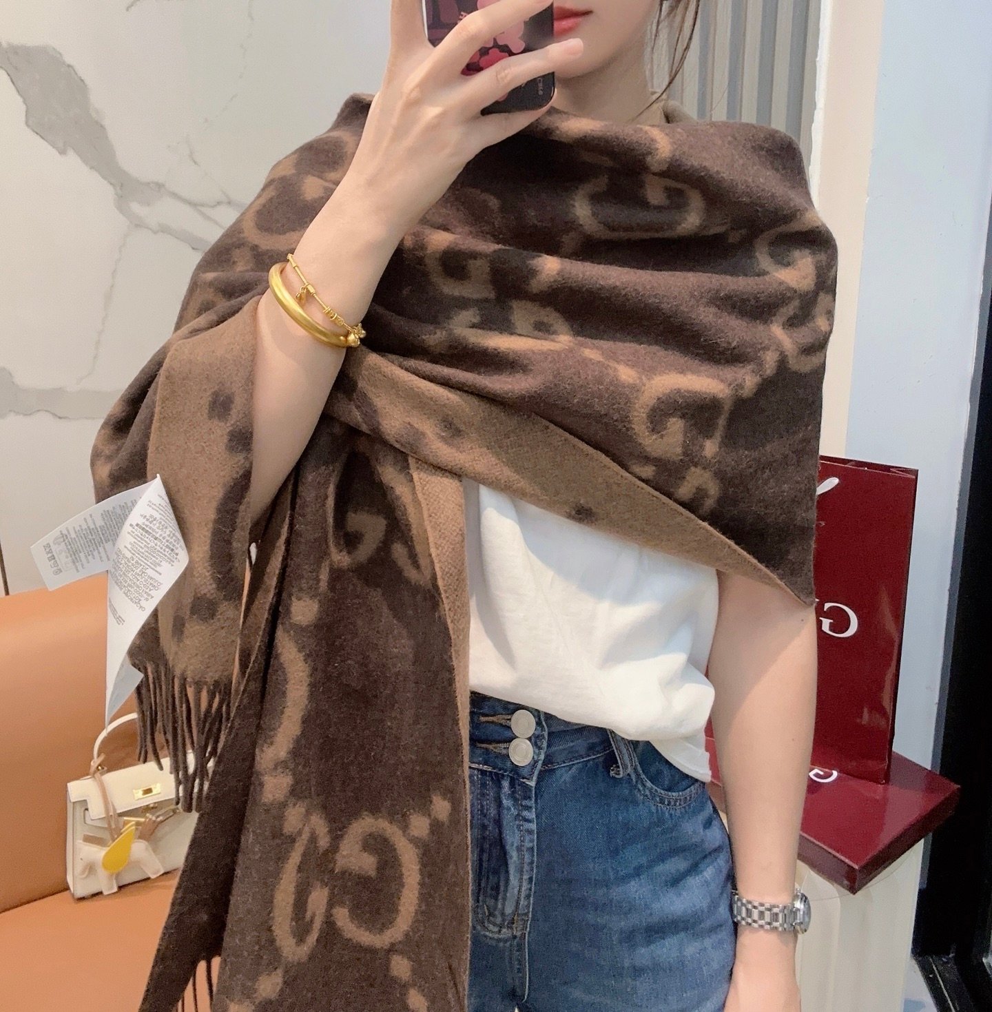 Gucci原單大G雙面羊絨圍巾 45×200cm 男女同款雙色提花