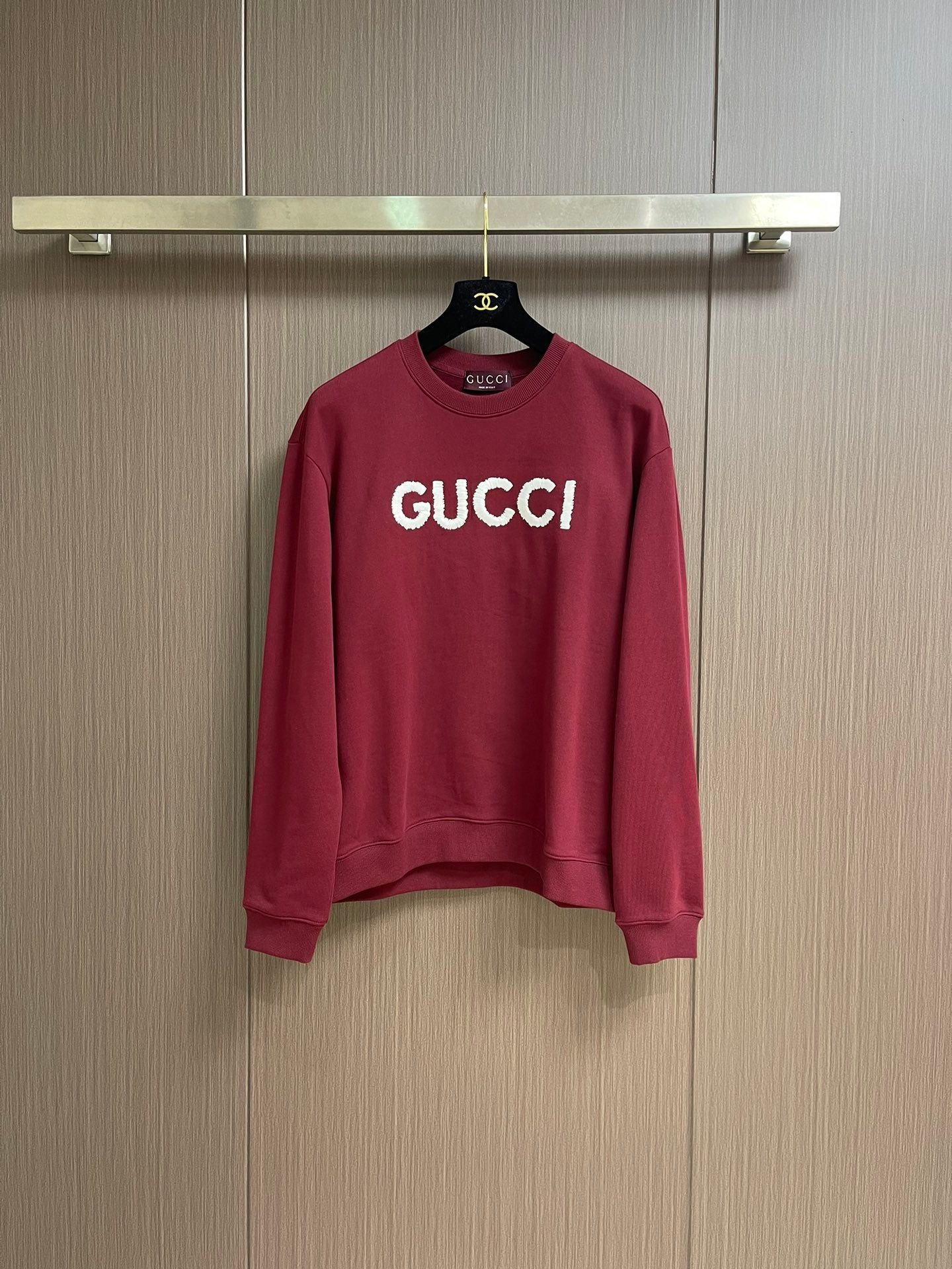 Gucci高仿酒紅色撞色刺繡圓領衛衣480克純棉2025SS男女款