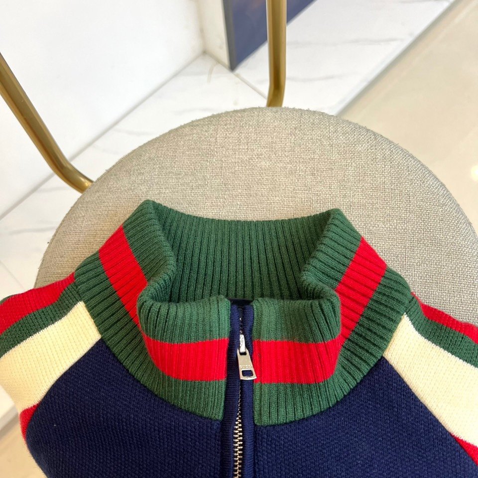 Gucci高仿深藍針織夾克 秋冬雙G刺繡立領金屬拉鏈 男女同款