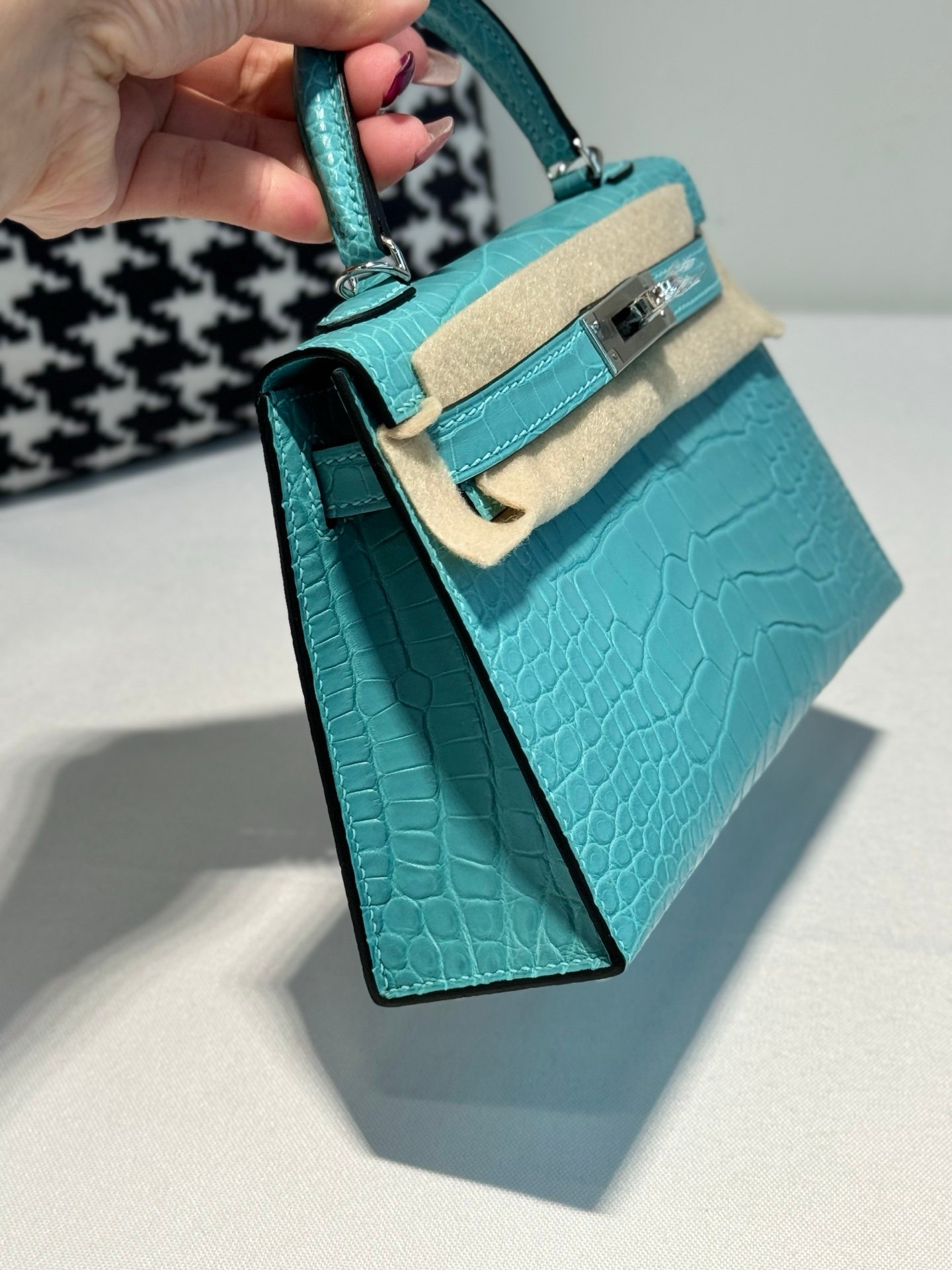 愛馬仕Mini Kelly二代19cm頂級原單湖藍霧面鱷魚皮銀扣包精選推薦全手縫