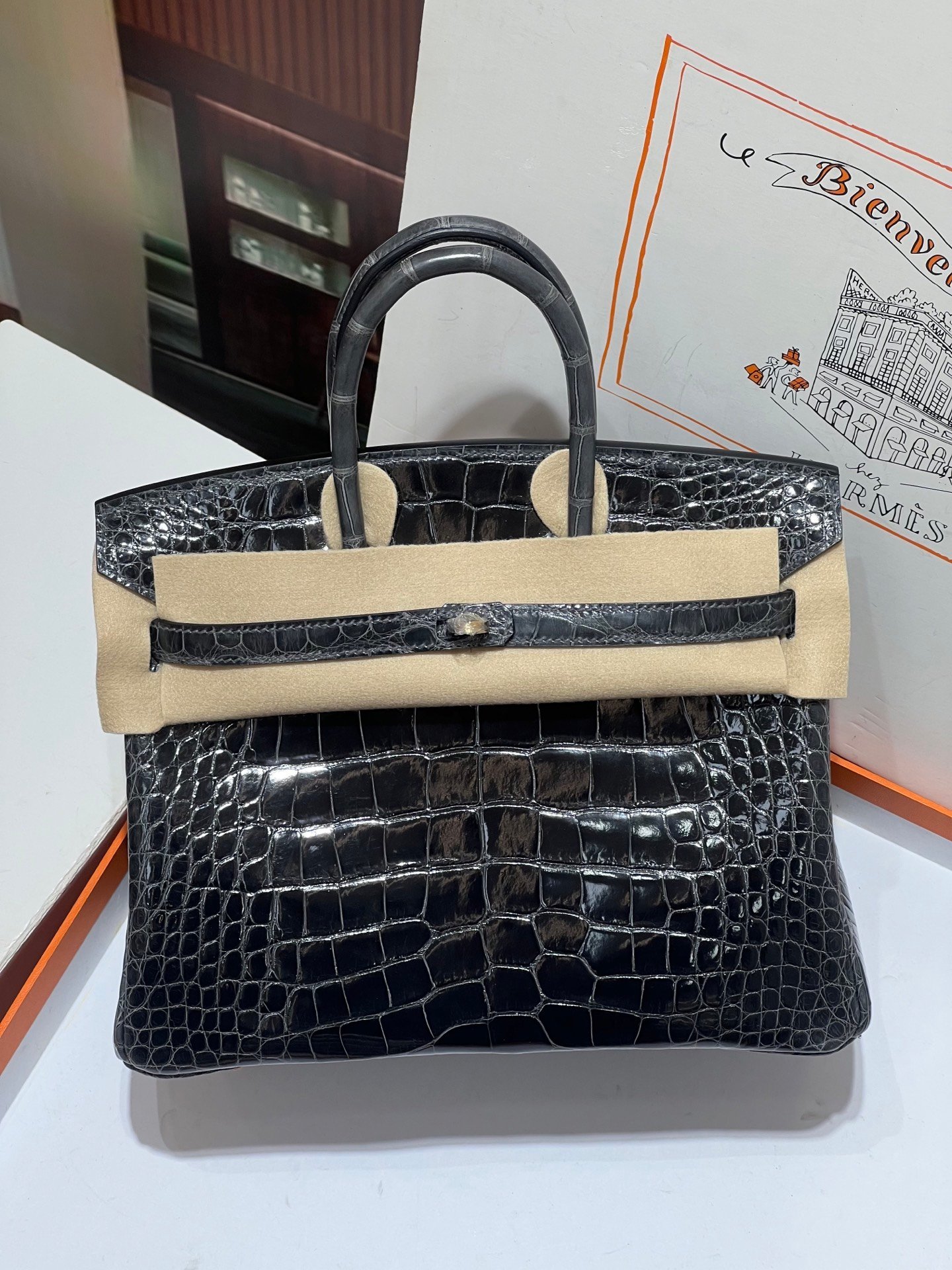 愛馬仕高仿鉑金25CM石墨灰金扣HCP高光鱷魚皮全手縫精品