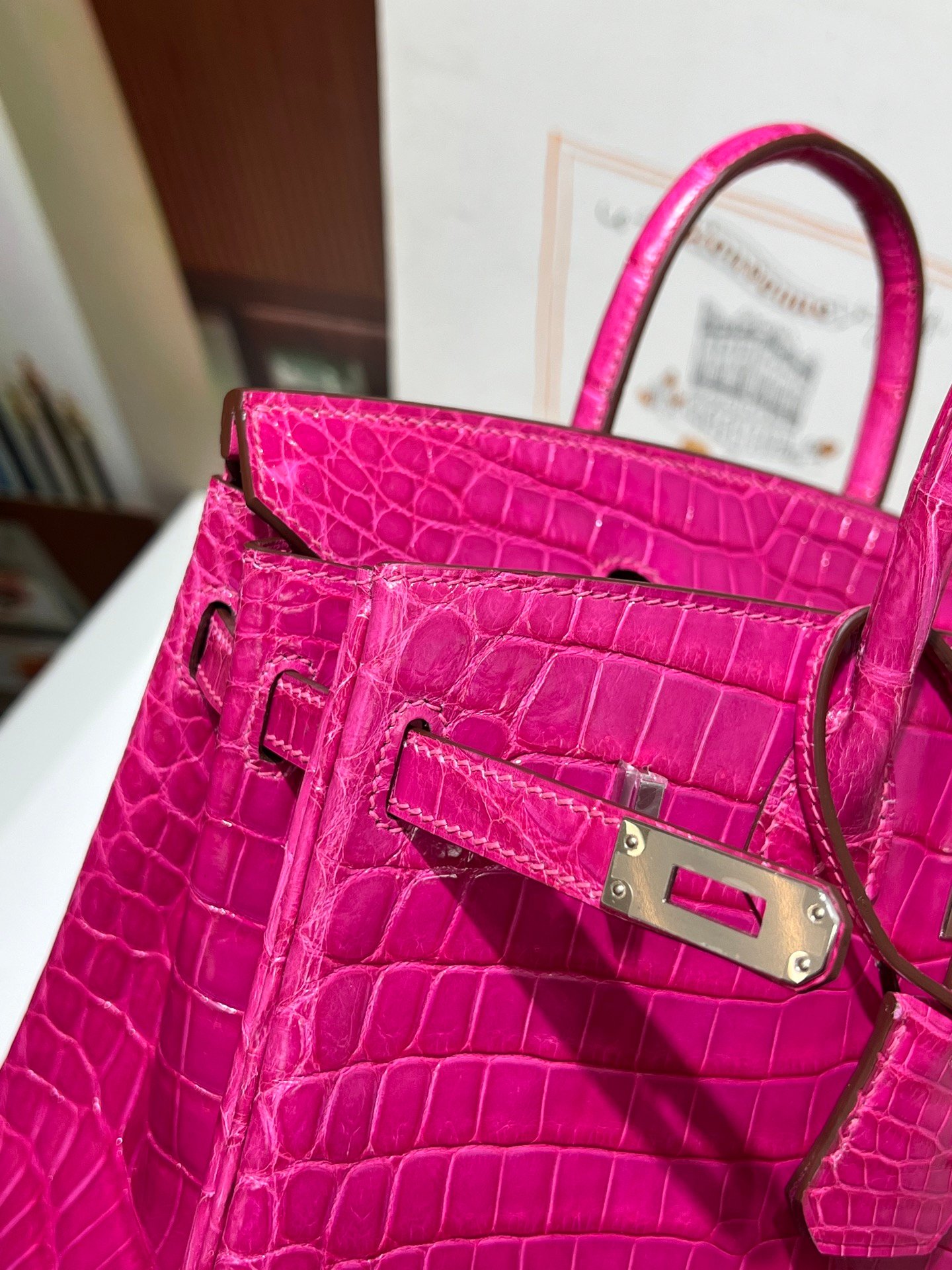 愛馬仕一比一鉑金25CM桃紅銀扣高光尼羅鱷魚皮全手縫精品