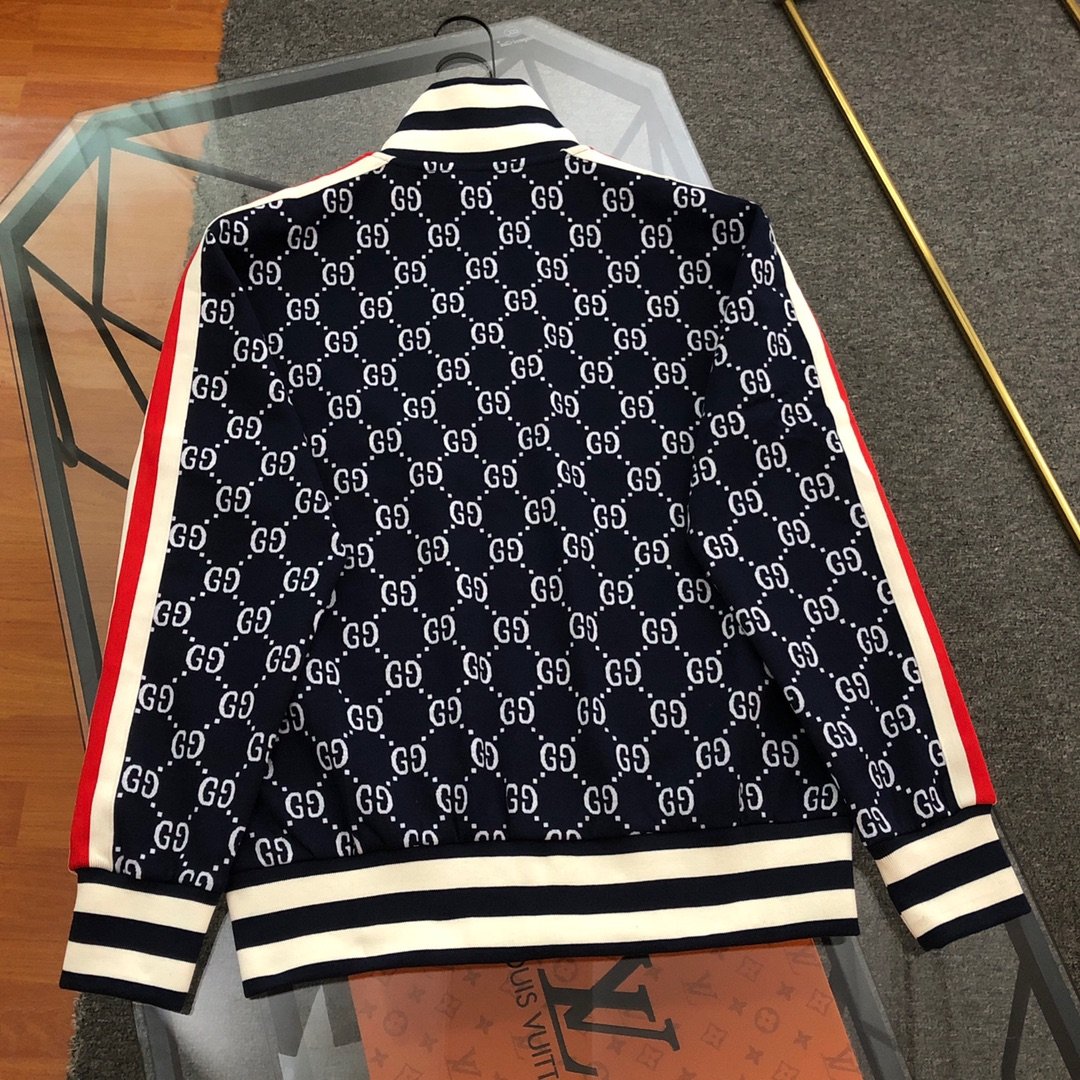Gucci一比一織帶滿印拼接LOGO情侶外套新款藍色潮流百搭款