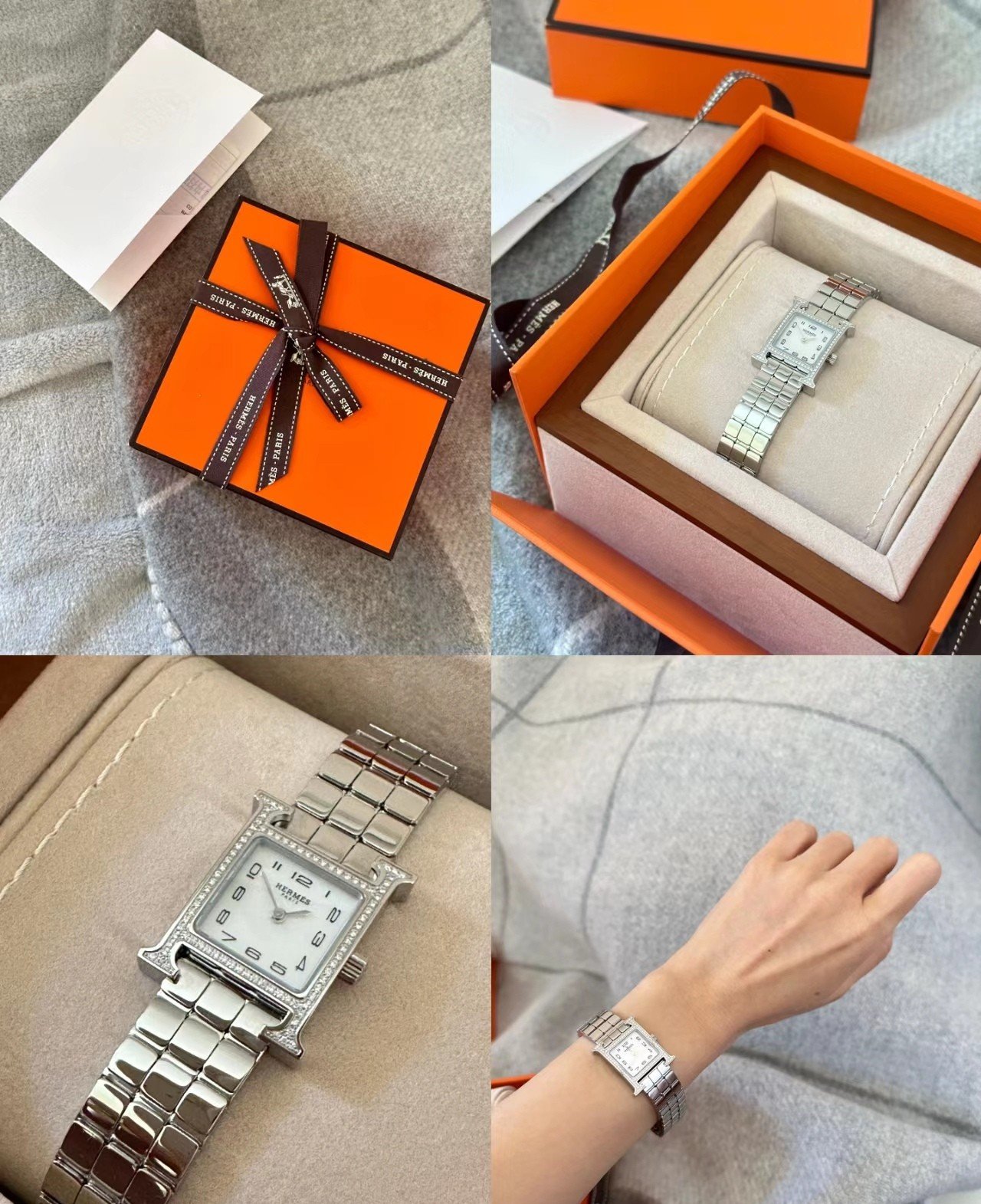 爱马仕高仿方形镶钻腕表女士款复刻版银色钢带精品