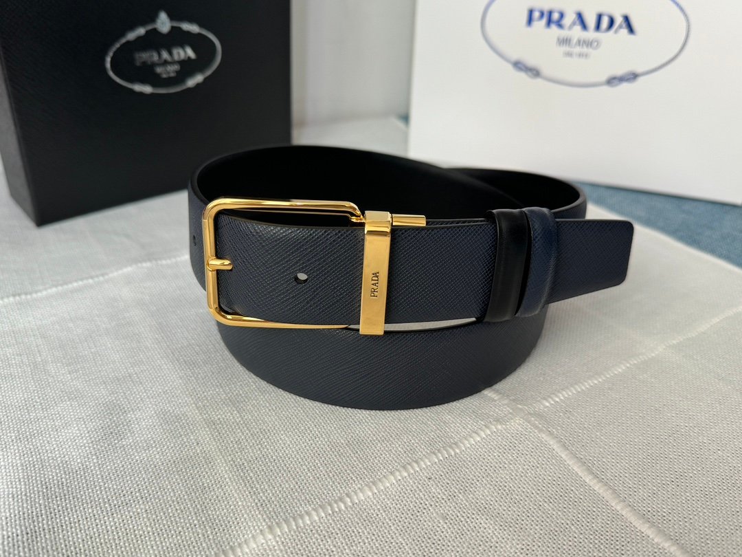 Prada高仿男士旋轉針扣雙面十字紋腰帶時尚精品新品