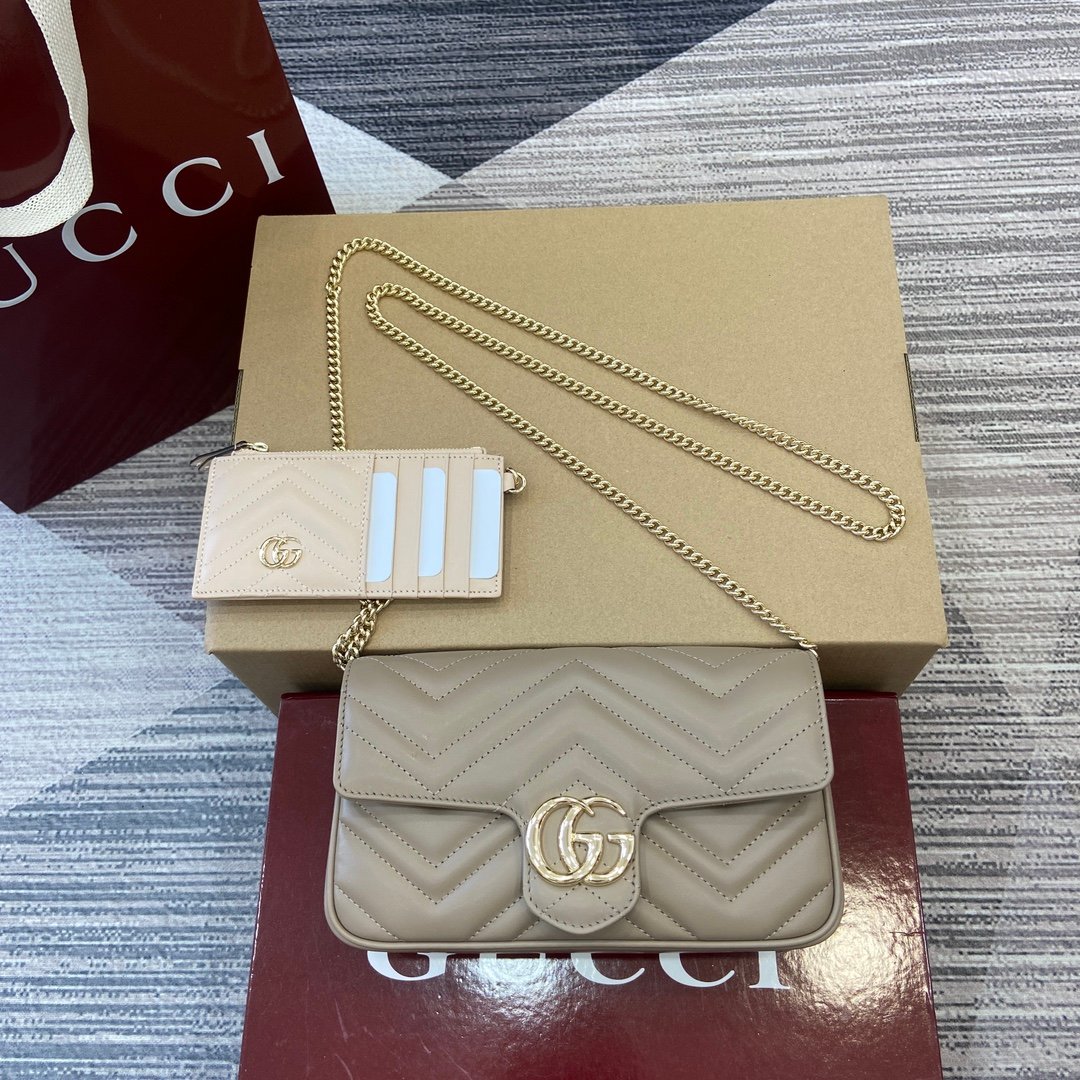 Gucci 高仿 Marmont鏈條包 奶茶色小牛皮 優雅百搭設計751526
