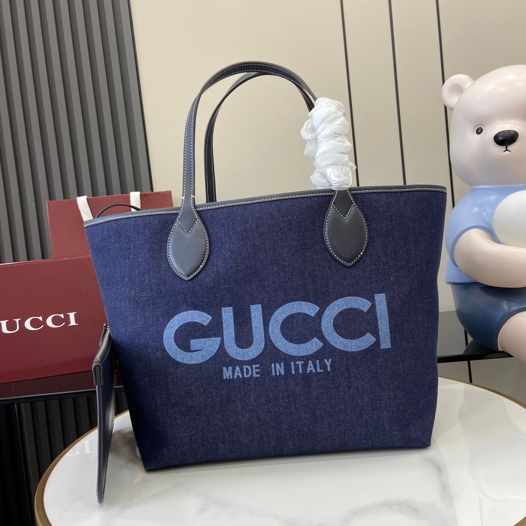 Gucci 高仿 牛仔托特包 丹寧藍設計 大容量時尚手提包820481