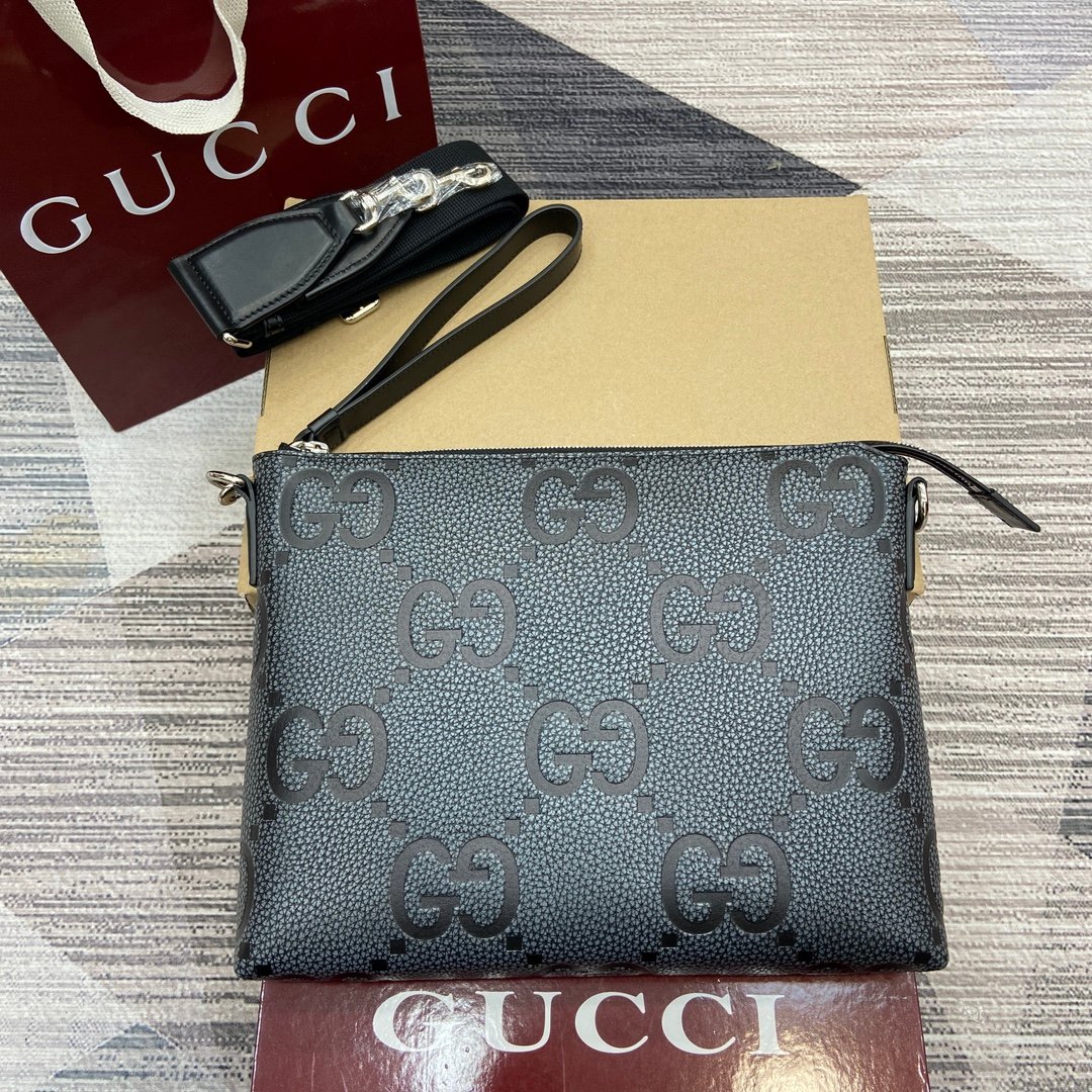 Gucci 高仿 GG帆布手拿包 黑灰經典款 商務時尚百搭696009