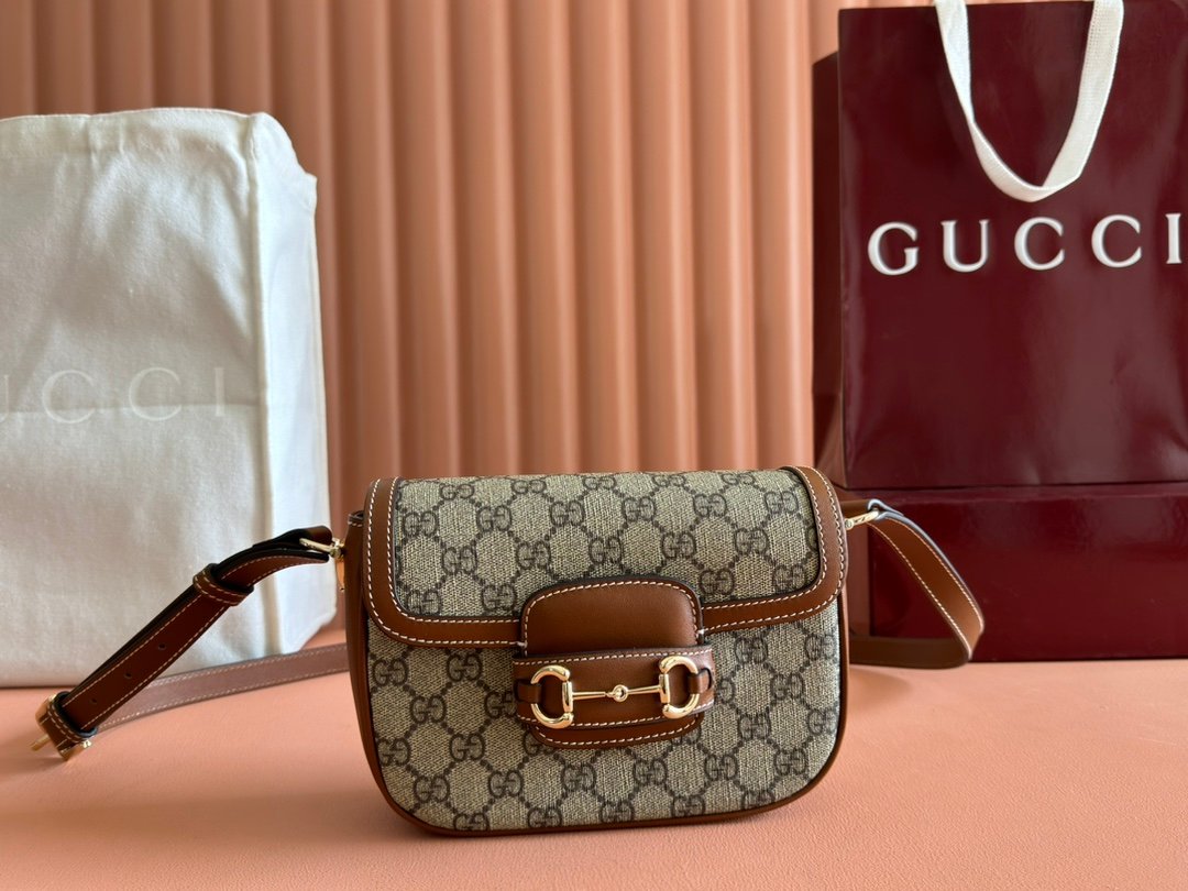 Gucci高仿1955馬銜扣包GG帆布拼焦糖皮新款復古優雅風