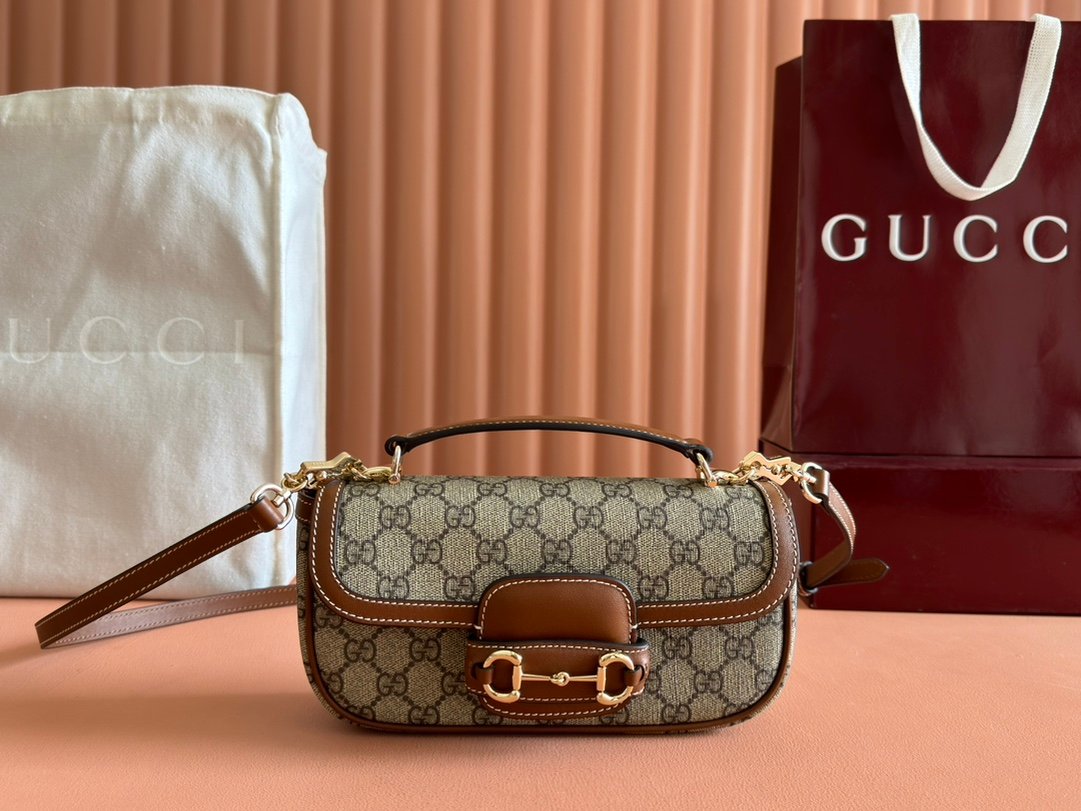 Gucci高仿1955馬銜扣迷你包GG帆布拼皮設計精品風