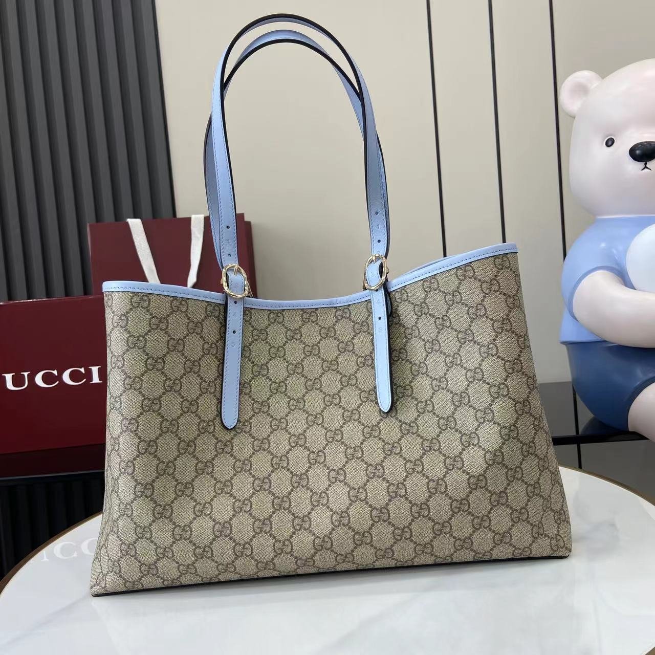 Gucci高仿托特包淡藍飾邊設計優雅大容量義大利風815213