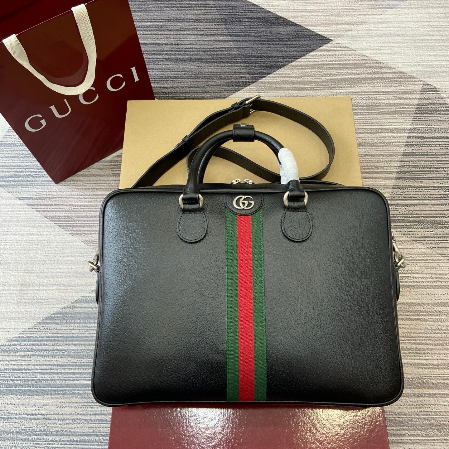 Gucci 一比一 Ophidia公文包 黑色牛皮商務手提斜挎兩用834461