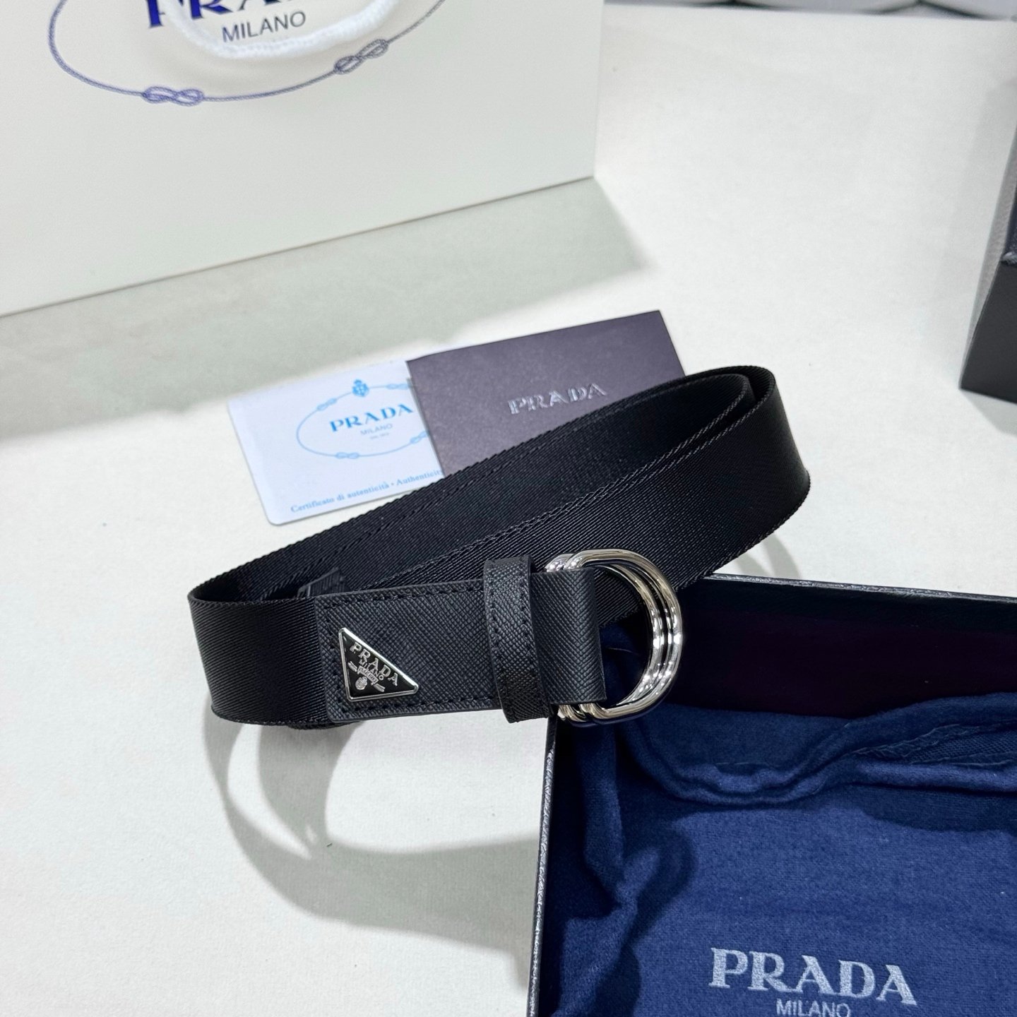 Prada高仿黑色棉質梭織腰帶工裝休閒雙D扣新品