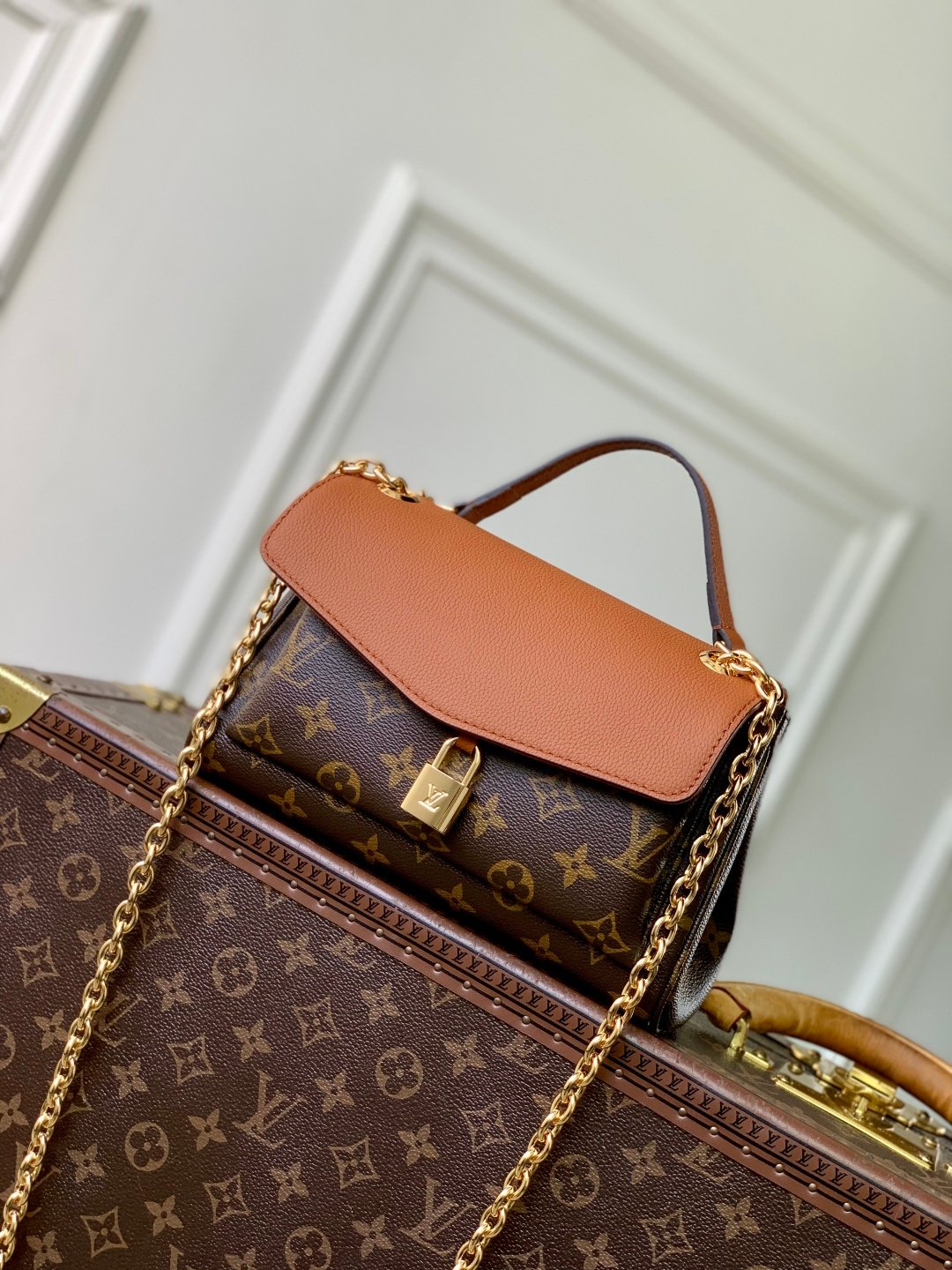 LV A貨Monogram鏈條包 焦糖棕拼色設計典雅高貴氣質風M27066