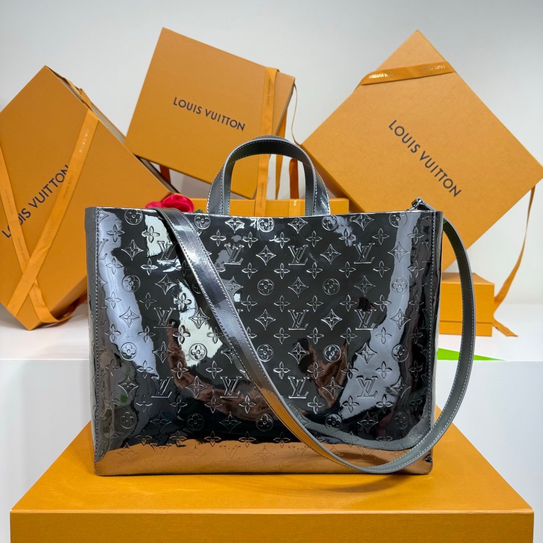 Louis Vuitton 高仿漆皮托特包 黑色壓紋Logo 大容量手提肩背兩用包M27182