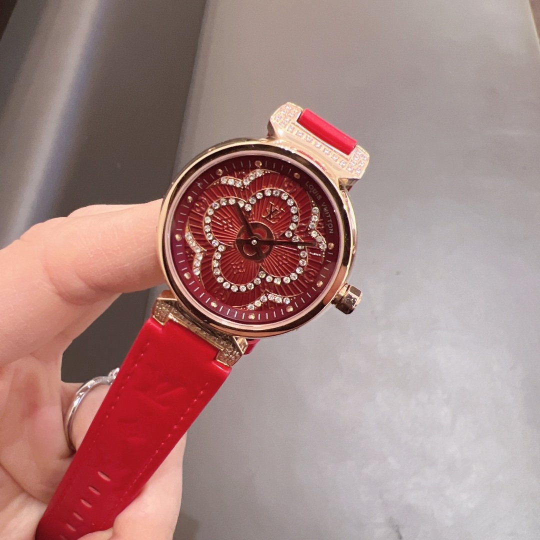 LV復刻版紅色花形鑽飾女錶奢華玫瑰金設計時尚精品腕錶