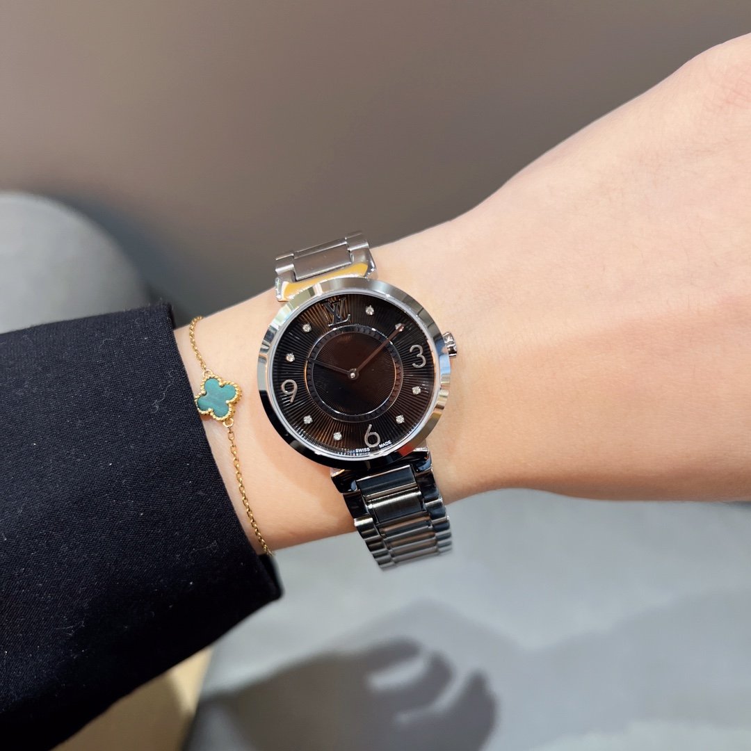 LV精品仿製銀鋼鏈女錶黑面極簡風格優雅時尚腕錶
