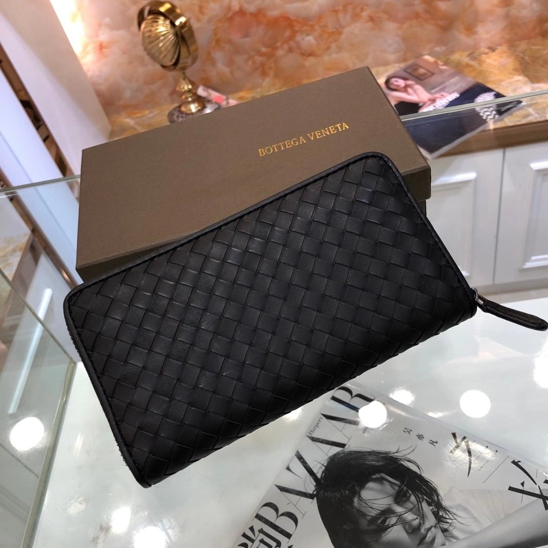 Bottega Veneta 高仿 編織拉鍊長夾 霧黑質感款 收納完整復刻 義式極簡風格