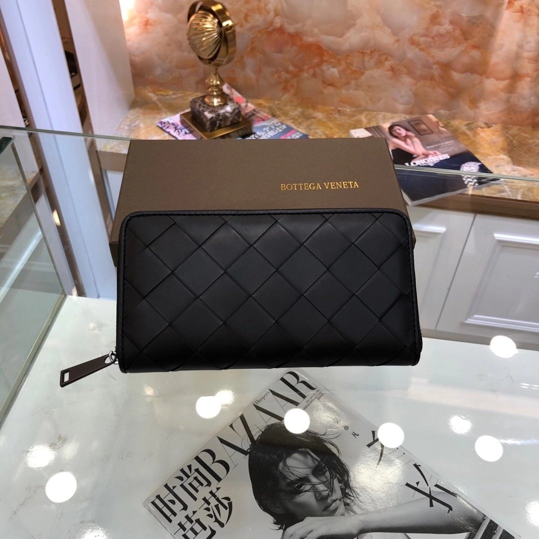 Bottega Veneta 高仿 編織拉鍊長夾 黑色經典款 大容量設計 復刻 義式極簡風格