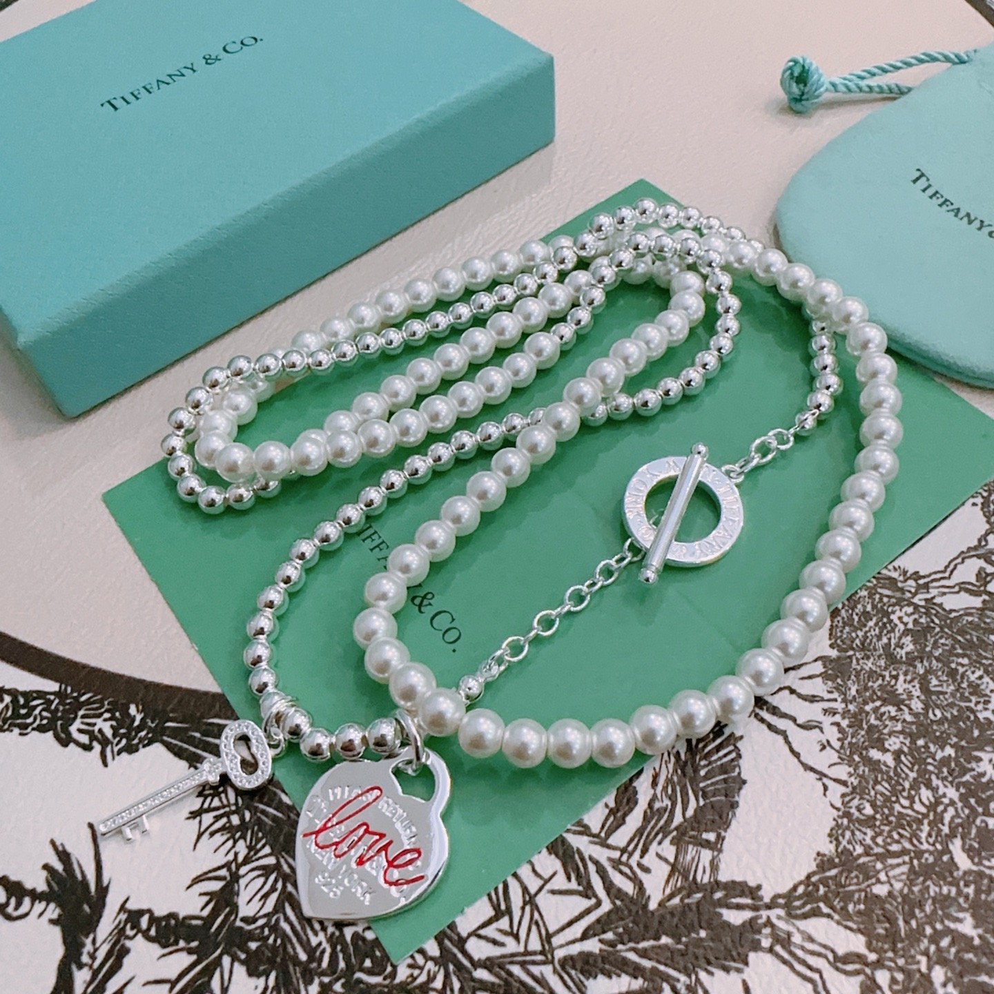 Tiffany風LOVE心吊牌鑰匙項鍊 混搭珍珠銀珠雙層長鏈