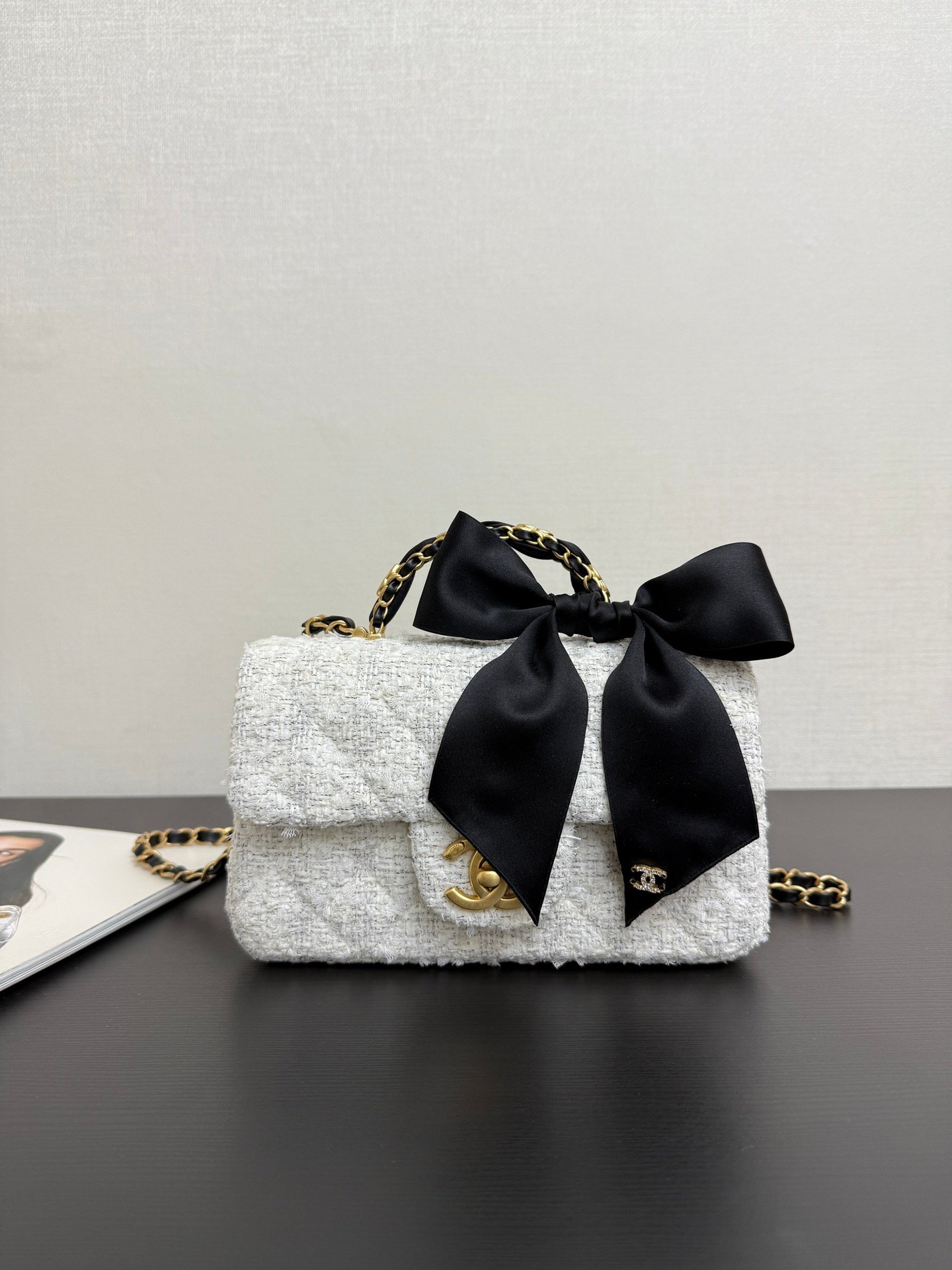 Chanel精品仿製蝴蝶結鏈條包白色粗花呢材質迷你款法式優雅風