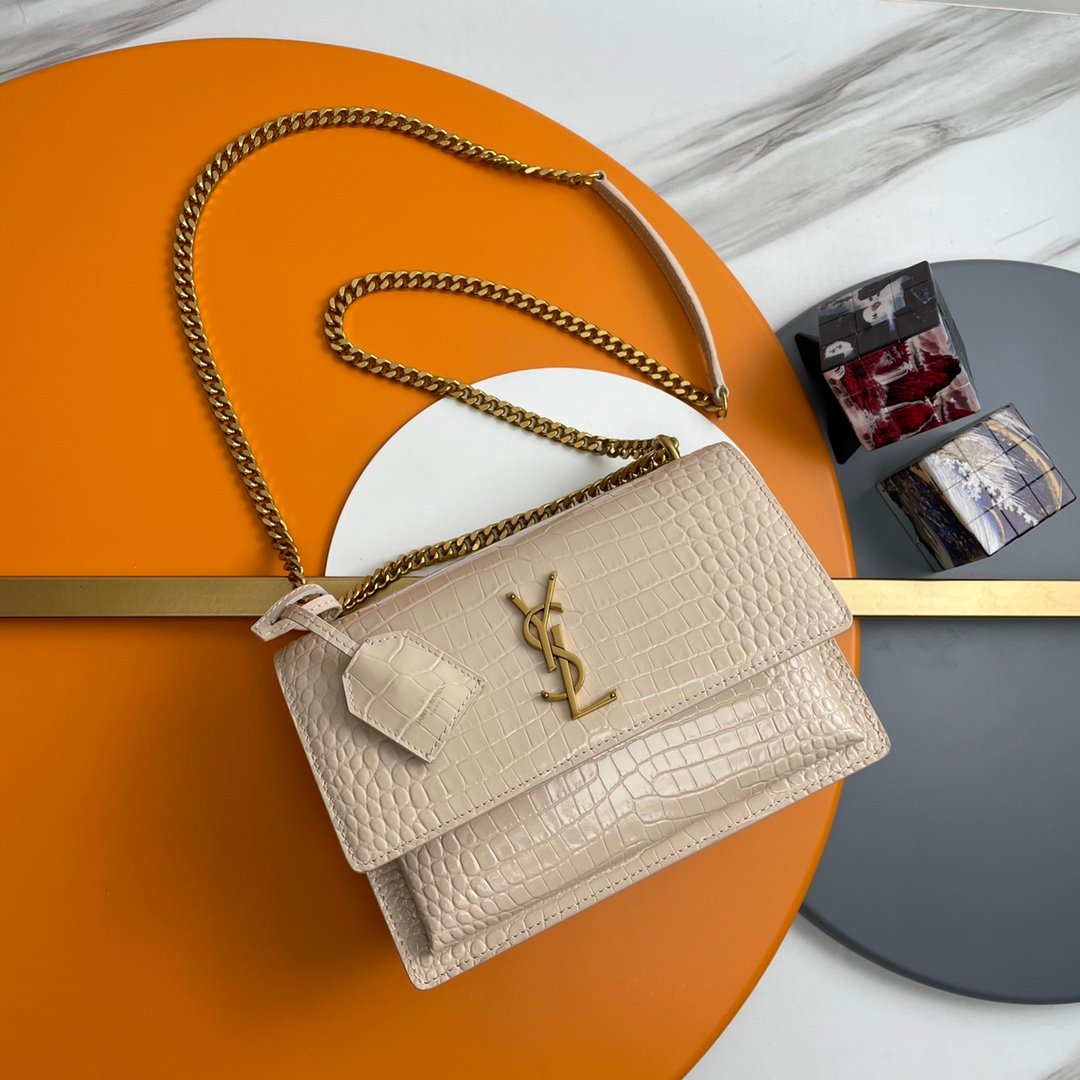 YSL A貨鱷魚壓紋肩背包奶油白光澤皮革金鍊設計法式精品感推薦442906