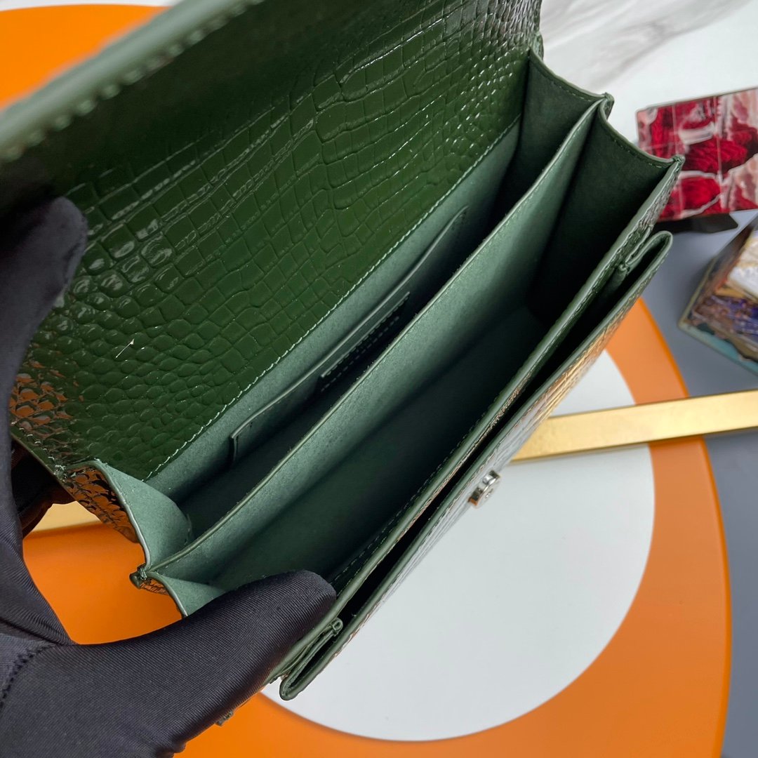 YSL頂級原單鱷魚壓紋鍊條包墨綠色銀飾時尚設計感精品推薦442906
