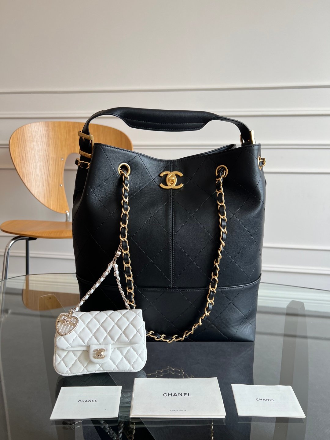 Chanel 高仿 菱格皮革托特包 附迷你掛包 黑金配色 手提肩背兩用 法式經典風格